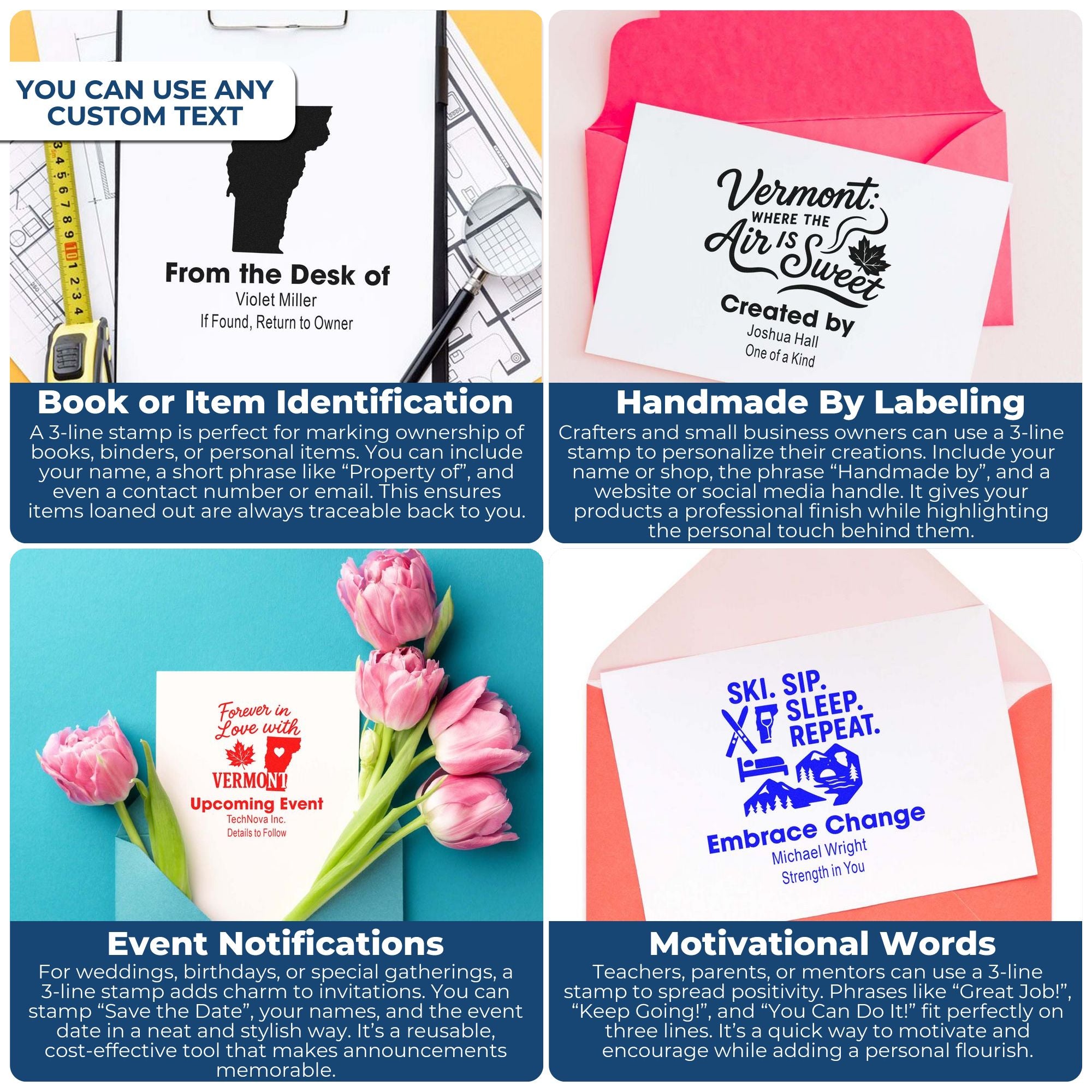Personalized rubber stamp examples for book identification, handmade labels, event invitations, and motivational messages.
