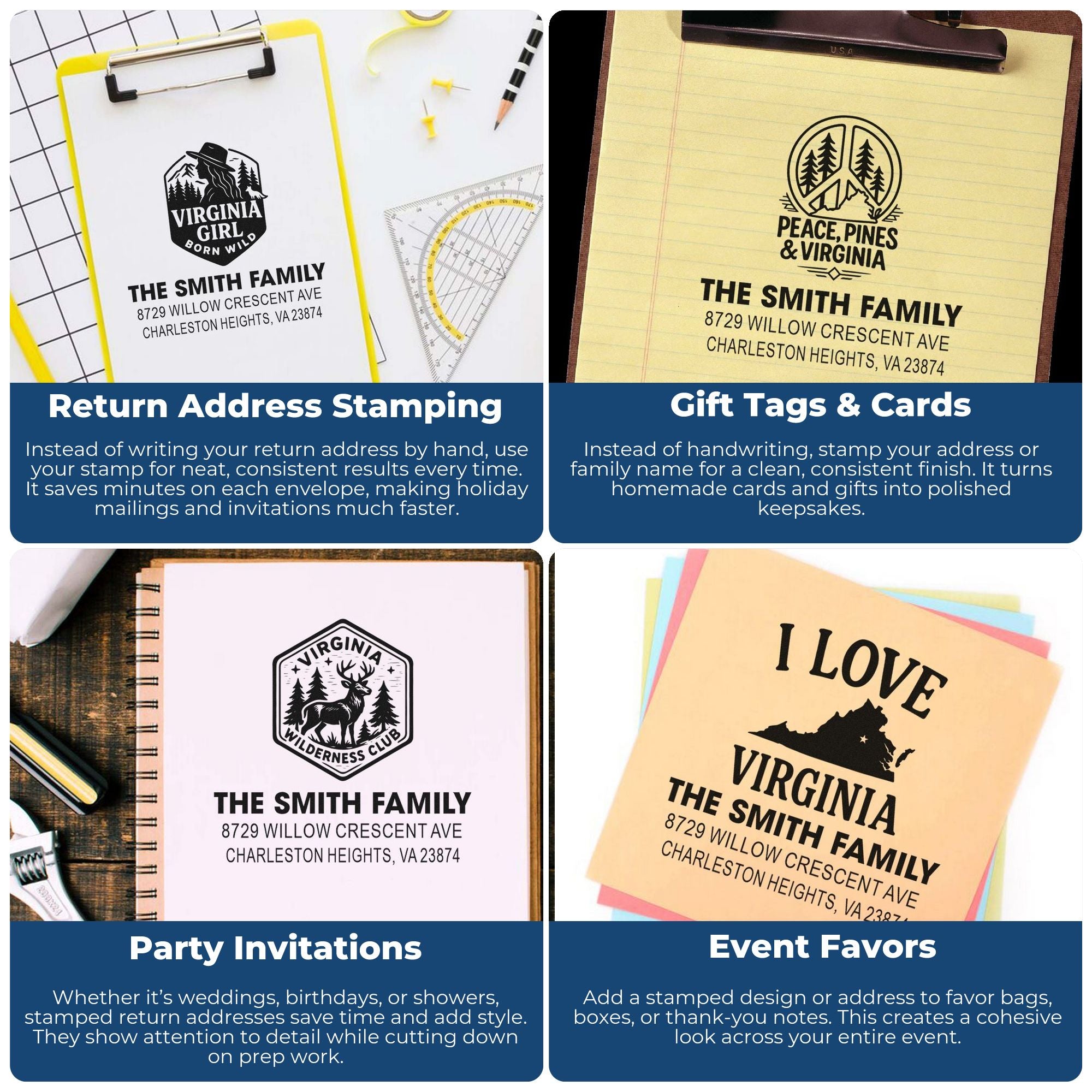 Custom Virginia family address stamps on envelopes, cards, invitations and gift tags for return addressing, party favors and holiday mailings.