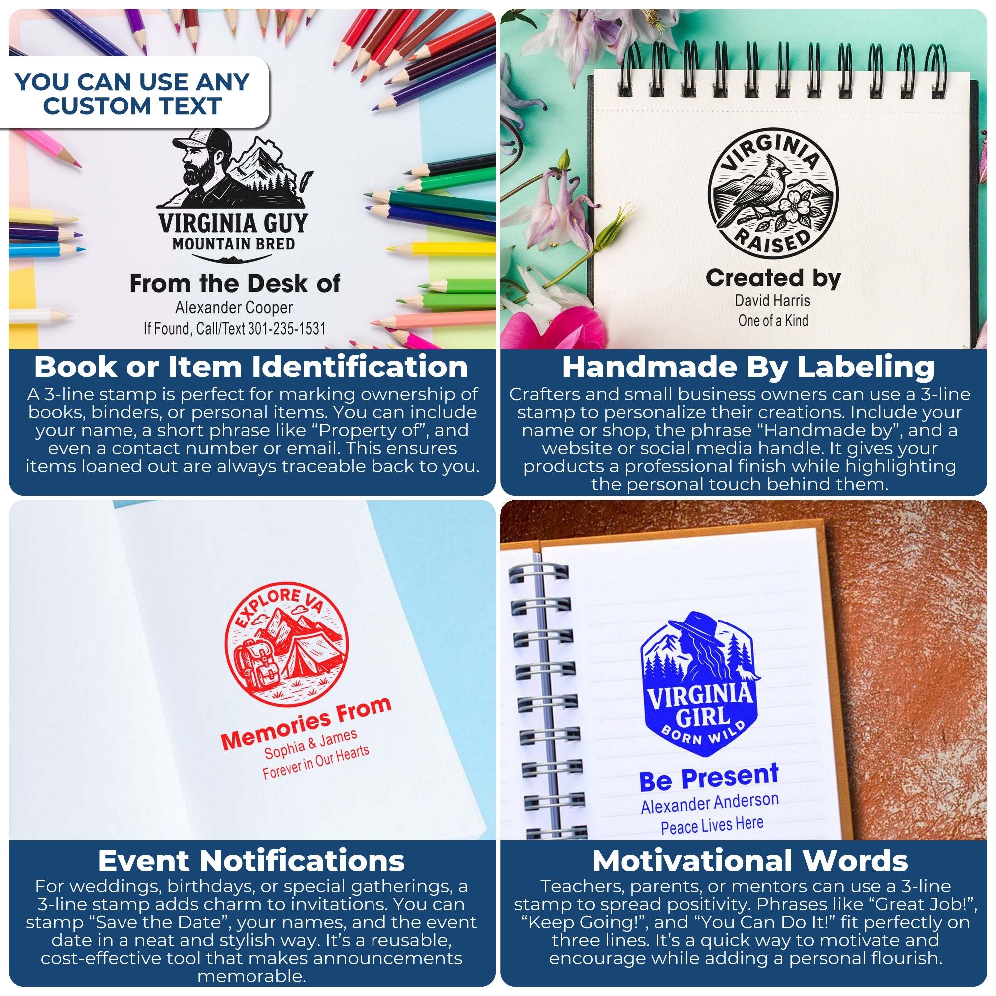 Custom 3-line stamps for books, handmade labels, event invites and motivational messages displayed on notebooks, paper, pencils and floral desk scenes.