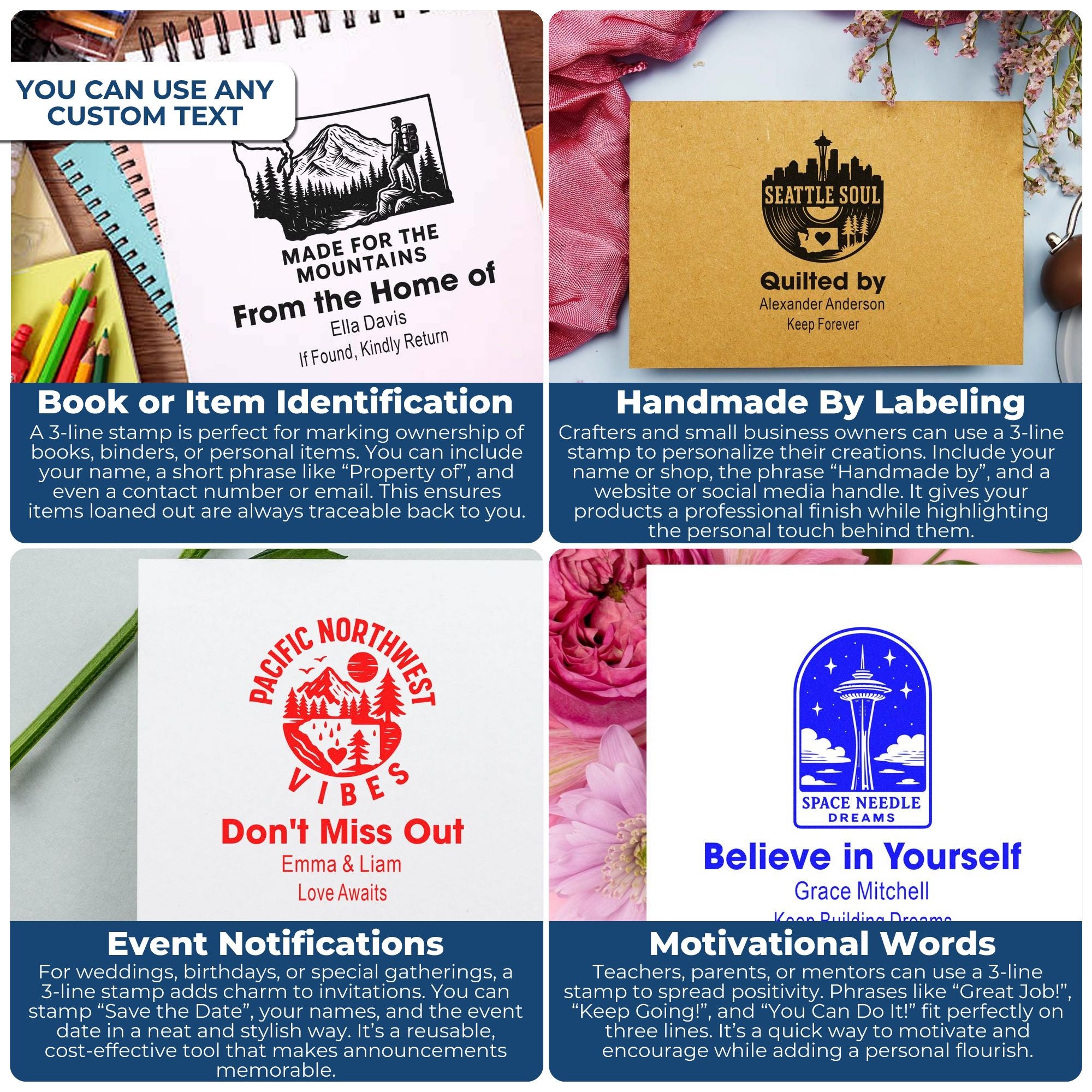 Custom 3-line stamps displayed in stationery and gift settings, featuring book labels, handmade branding, event notices, and motivational Seattle designs.