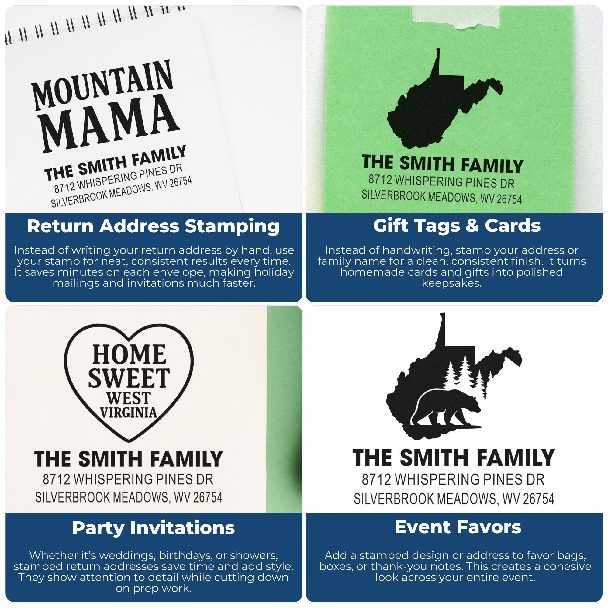 Custom West Virginia family return address stamps for envelopes, gift tags, invitations, and event favors featuring mountains, heart, and bear designs.
