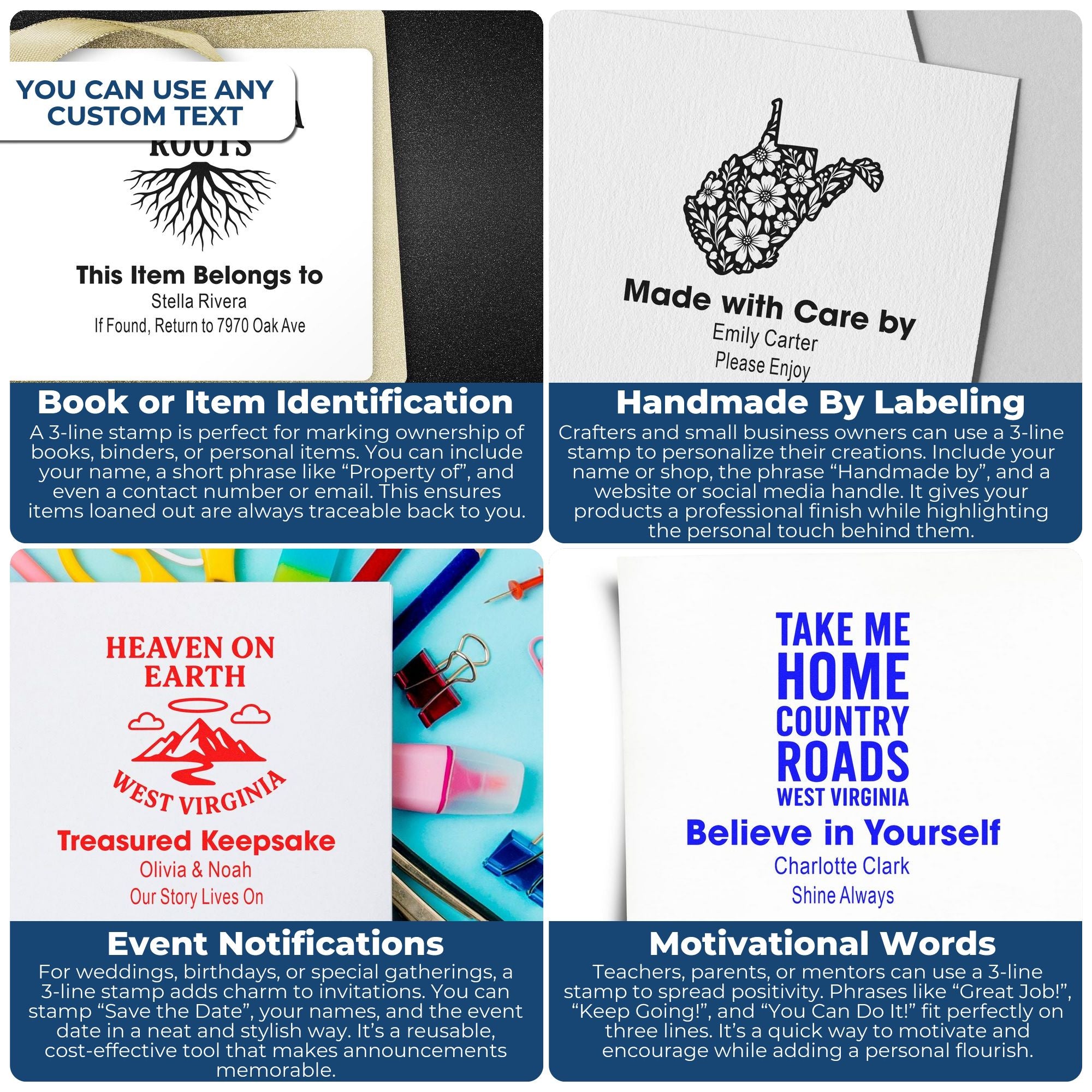 Custom 3-line rubber stamp examples on paper cards for book identification, handmade labels, event announcements, and motivational messages.
