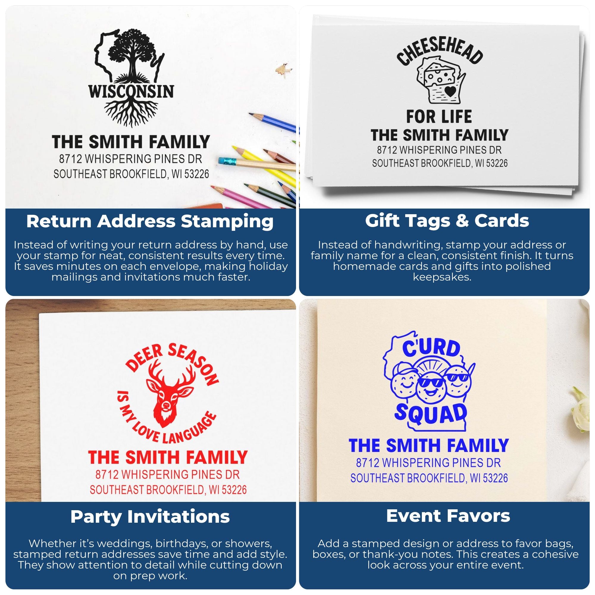 Collage of custom family address stamps on paper for return envelopes, gift tags, party invitations, and event favors.