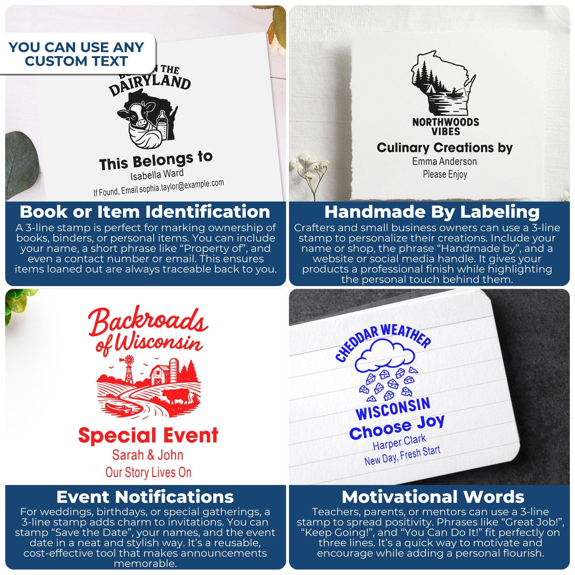 Custom 3-line personalized stamps for books, handmade goods, events and motivational messages on paper and fabric backgrounds.