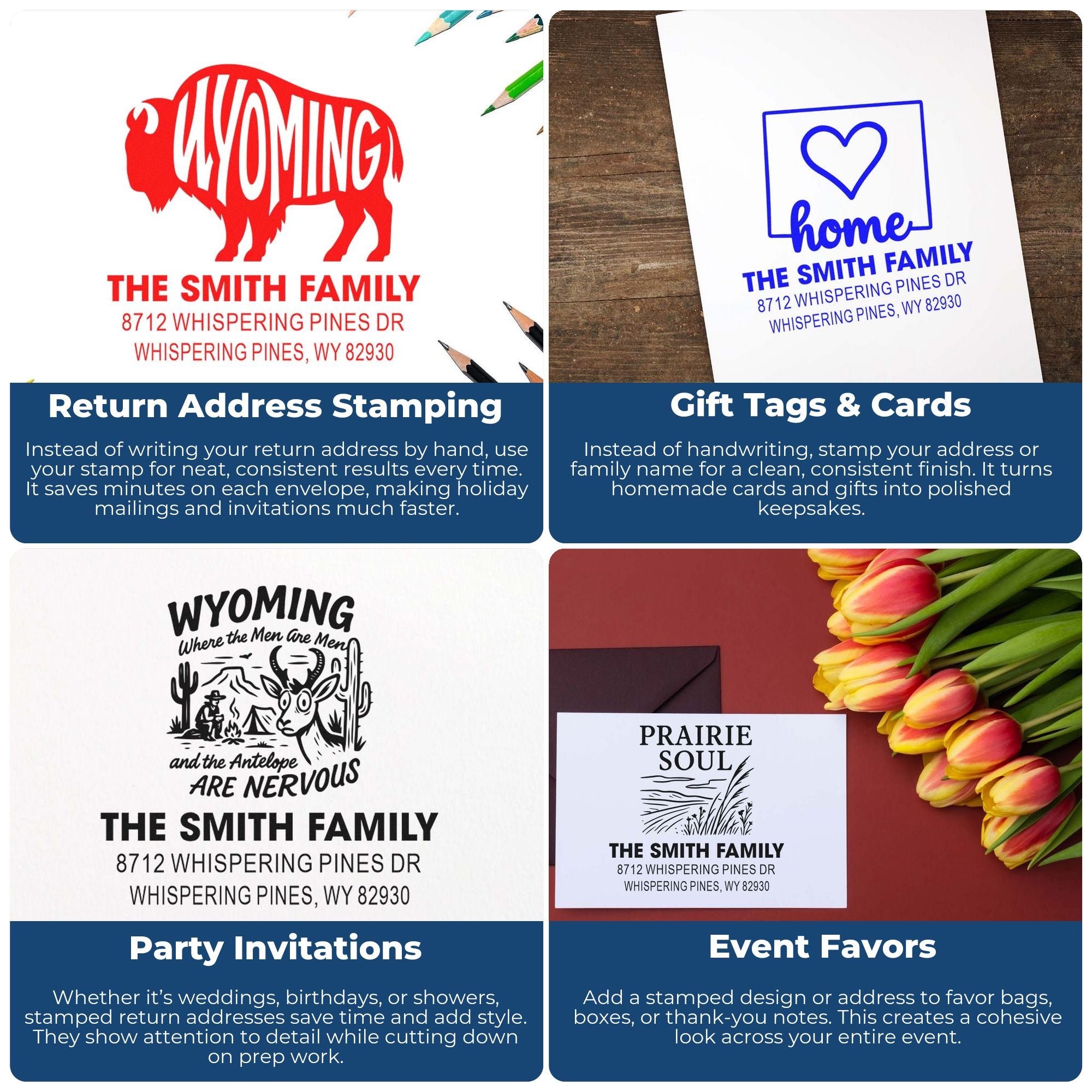 Collage of custom return address stamps on cards and envelopes, featuring Wyoming family designs for mailing, gift tags, party invitations, and event favors.