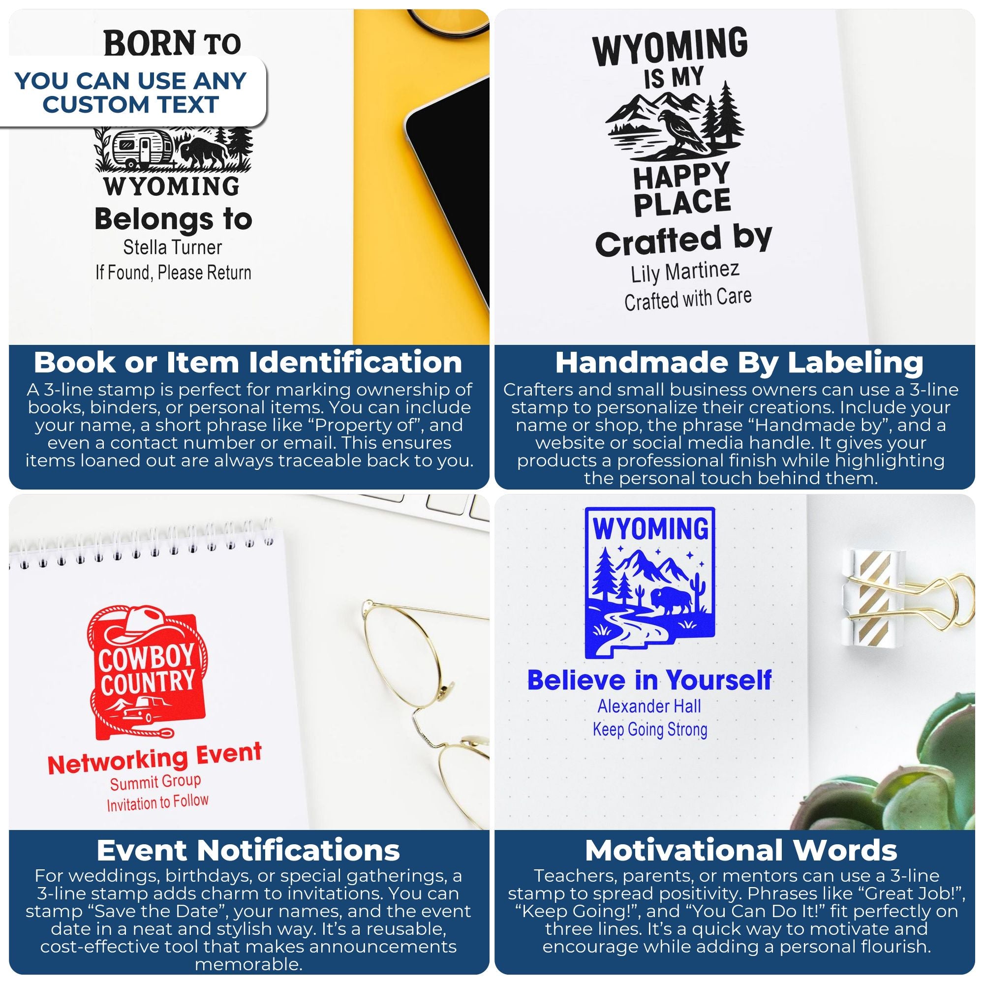 Custom Wyoming stamp designs on notebooks and cards, featuring personalized book labels, handmade branding, event invites, and motivational sayings.