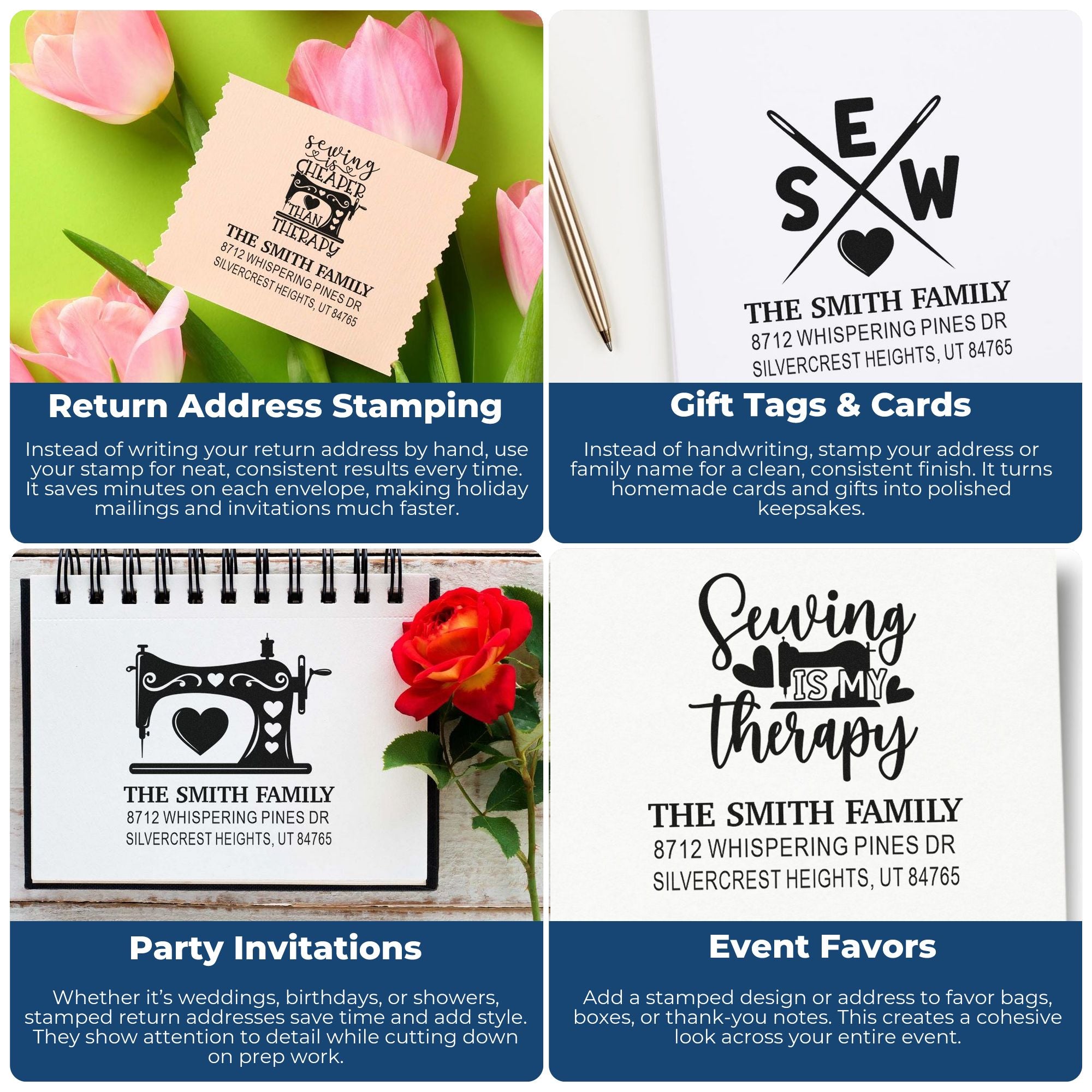 Personalized address and sewing-themed stamps displayed on cards, envelopes, notebooks and gift tags with flowers, for return mail, invitations and event favors.
