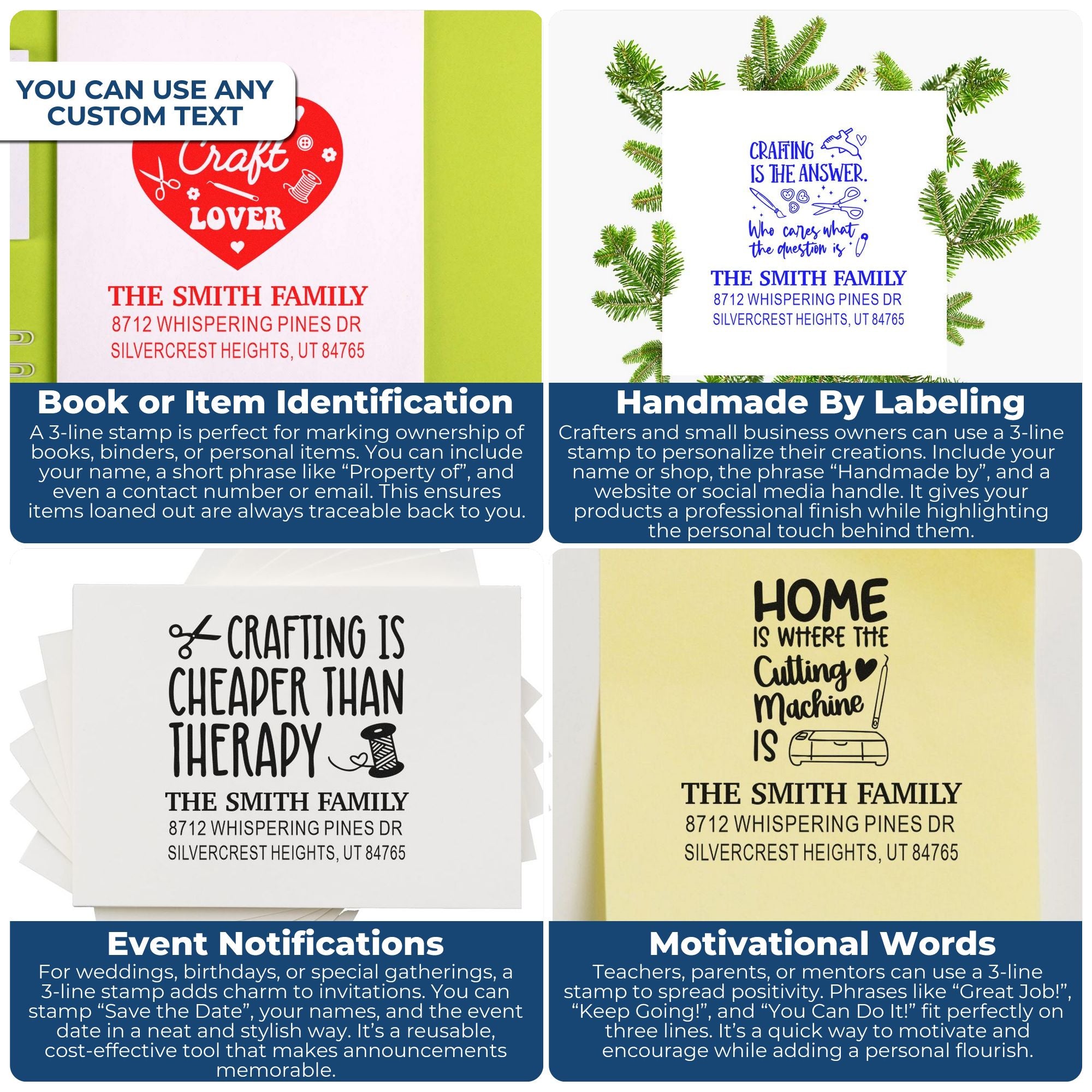 Custom three-line rubber stamps for crafters, book labels, handmade branding, event notices, and motivational quotes on sample cards.