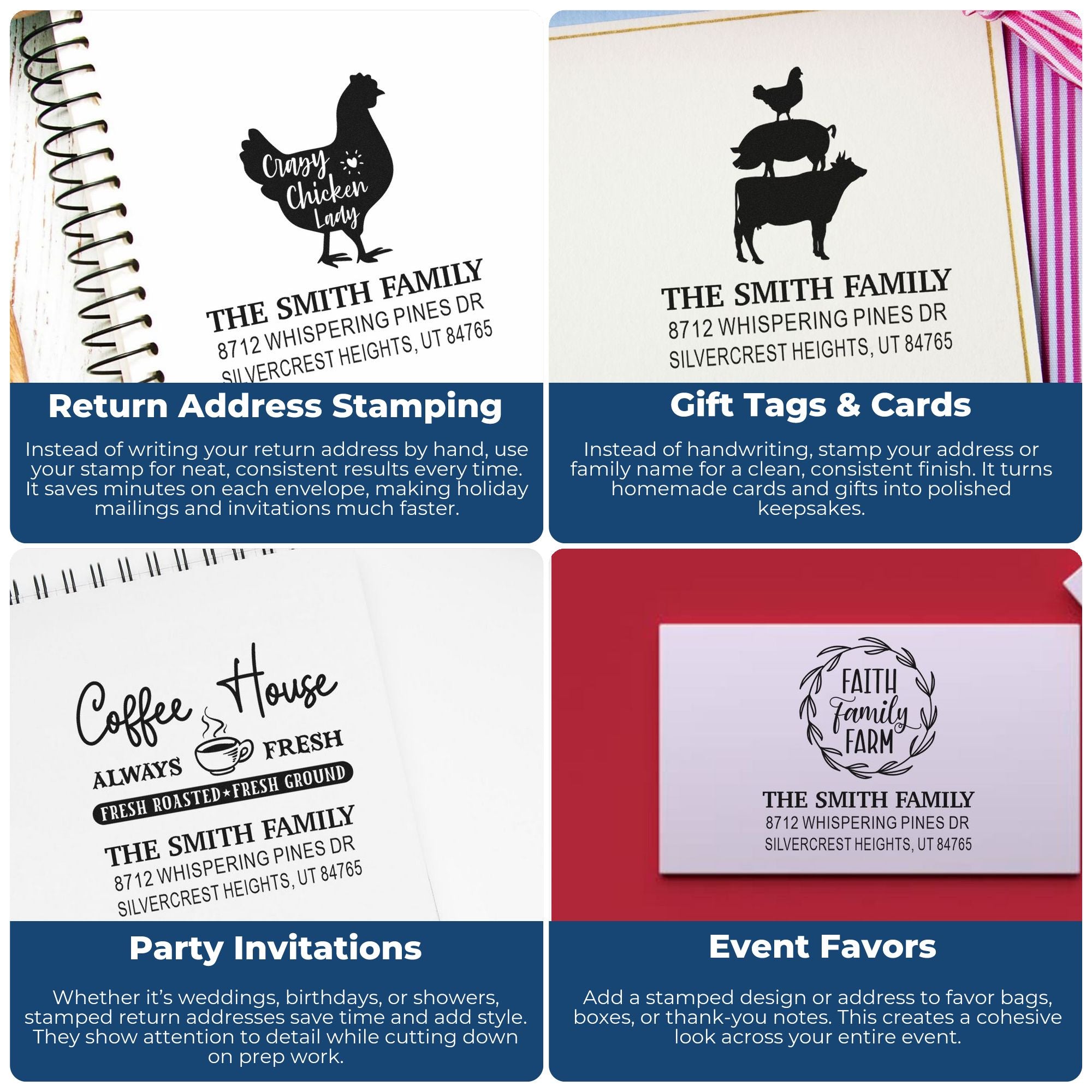 Custom return address stamps on envelopes, cards and gift tags, featuring farmhouse, chicken, coffee and family designs for invitations and favors.