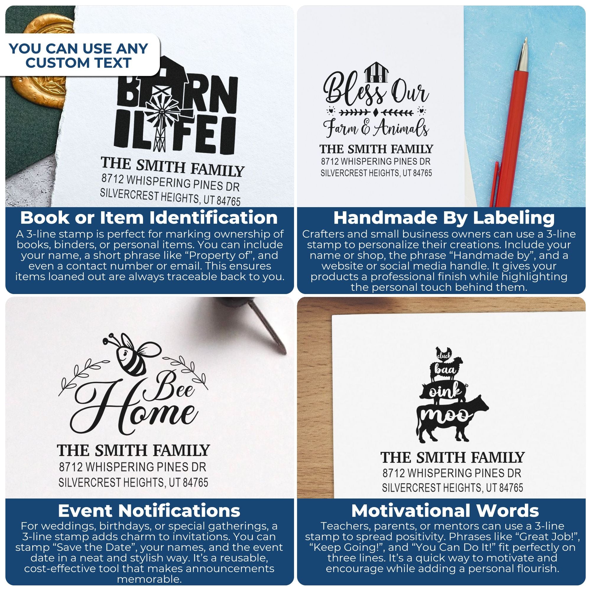 Collage of custom 3-line rubber stamps with personalized family, farm, and motivational designs stamped on paper beside pens and stationery.