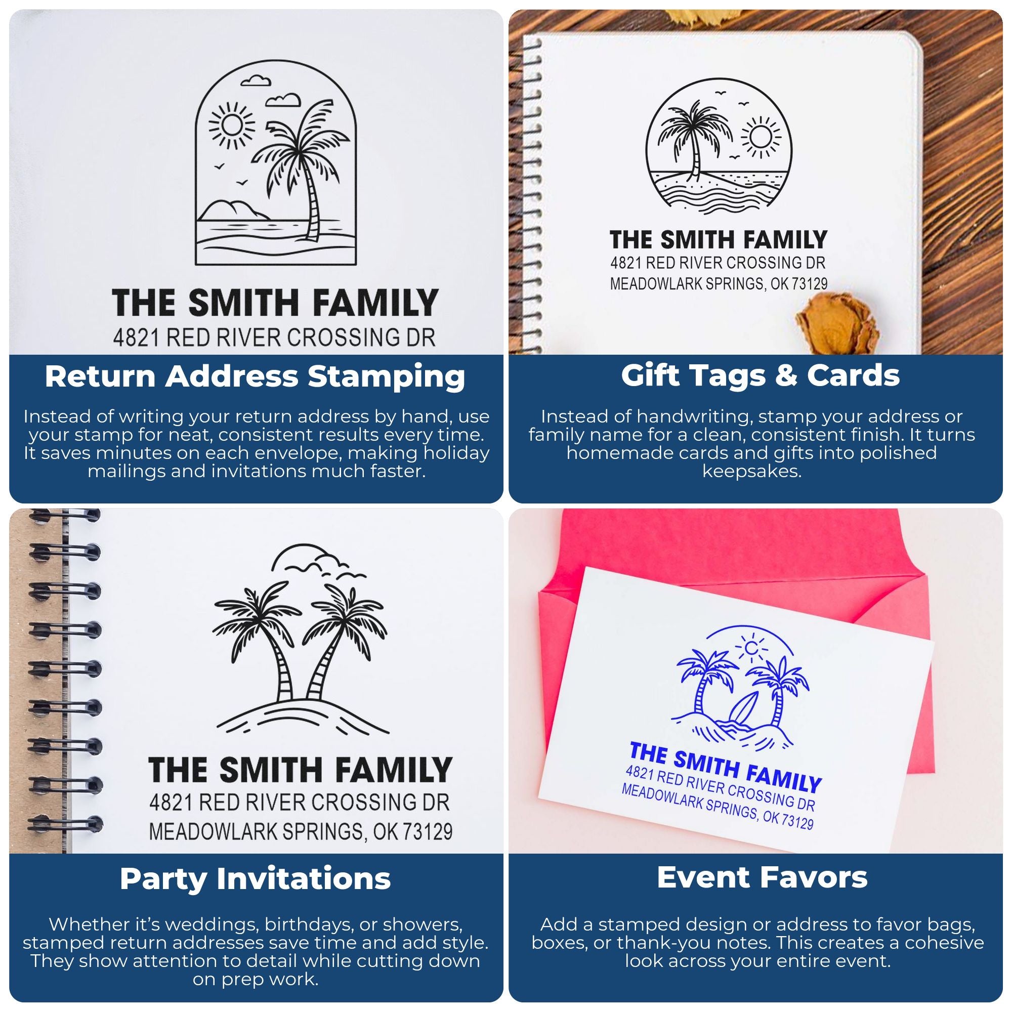 Custom tropical return address stamps with palm tree designs on envelopes, cards, invitations, and favor packaging for weddings and events.