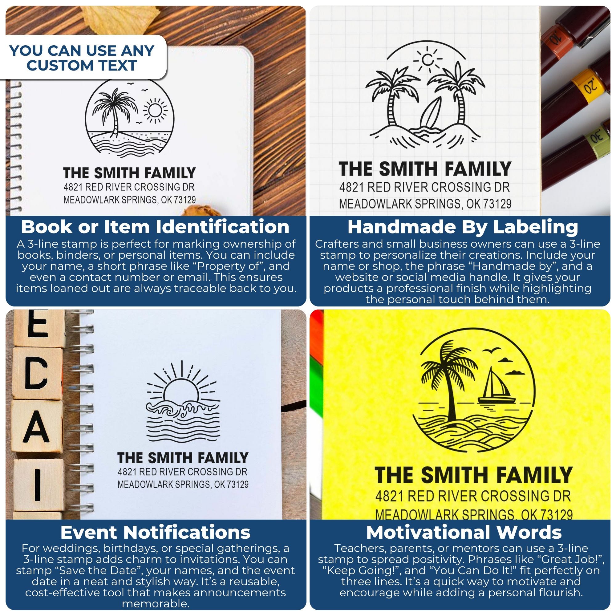 Collage of custom 3-line self-inking address stamps with tropical designs on notebooks and paper for books, labels, invitations, and notes.