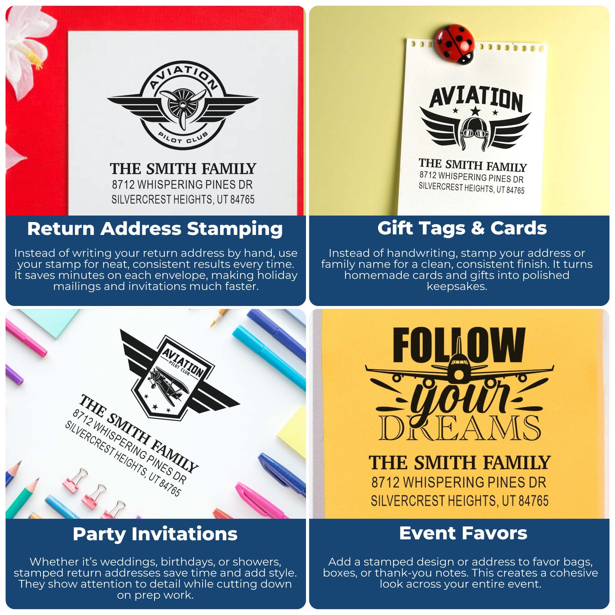 Custom aviation-themed address stamps on envelopes, gift tags, invitations, and event favors featuring pilot club logos and family name designs.