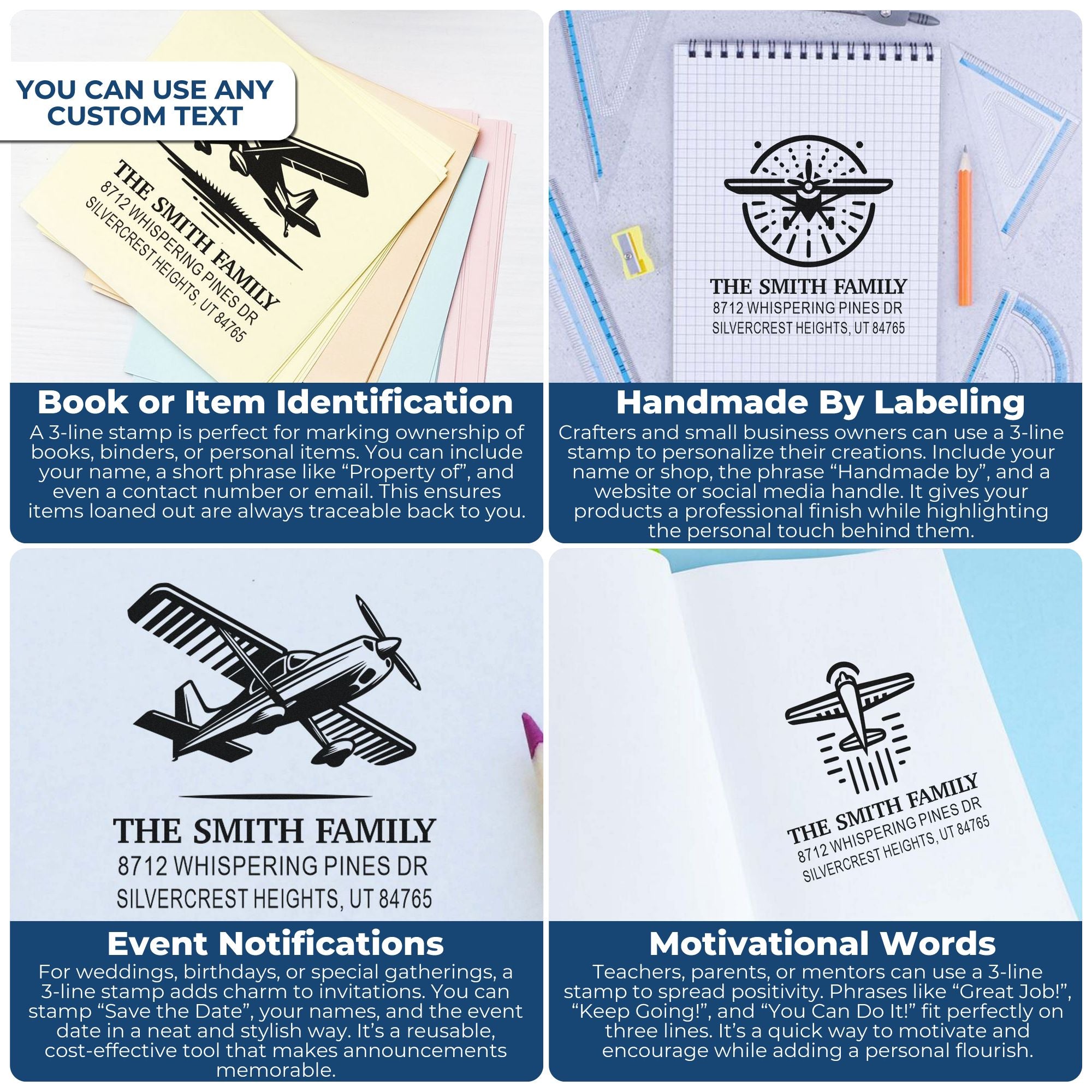 Custom address and book stamps with airplane and family designs on notebooks and stationery, showcasing personalized stamps for labels, gifts, and events.