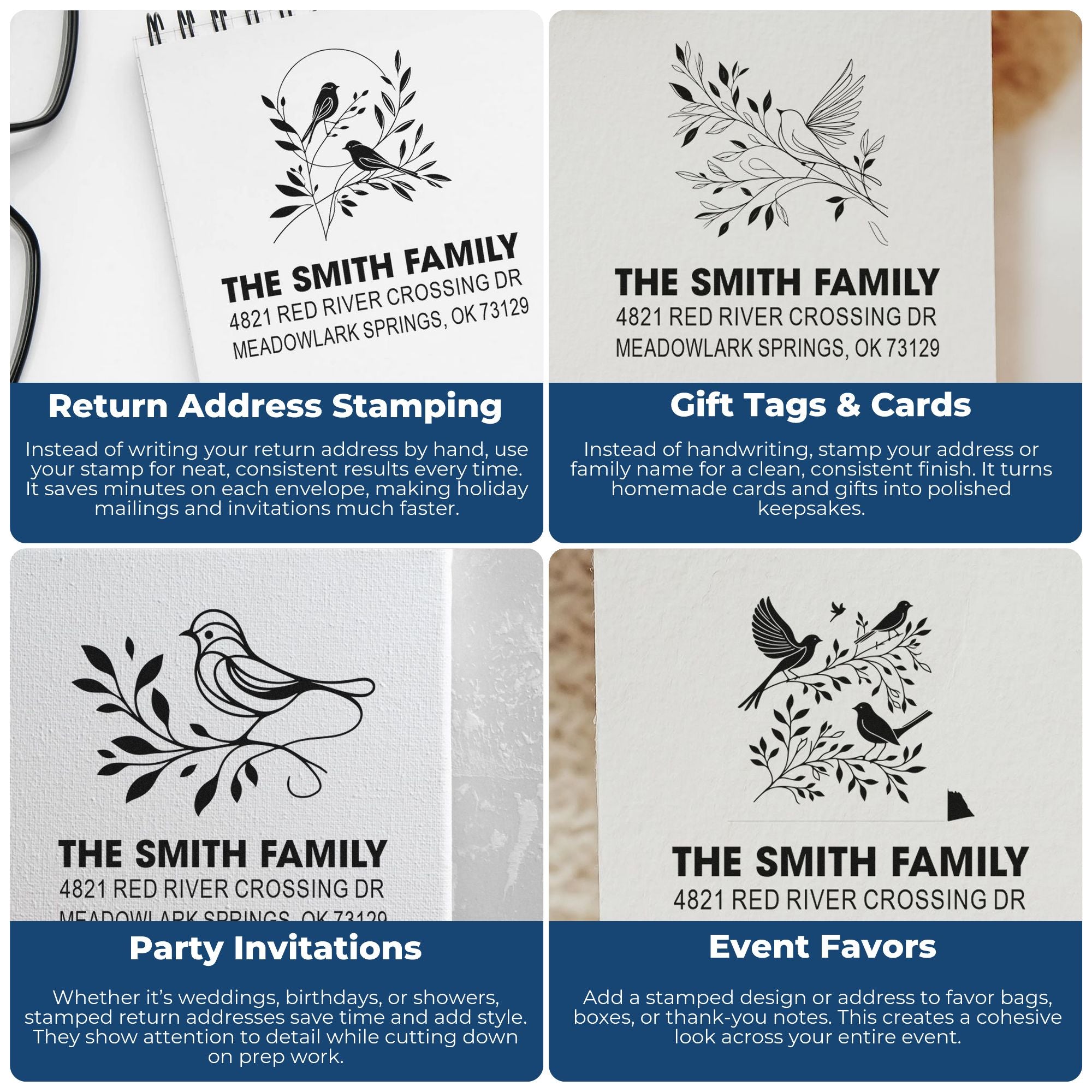 Personalized rubber stamp designs for return address stamping, gift tags, party invitations, and event favors with custom bird and leaf motifs