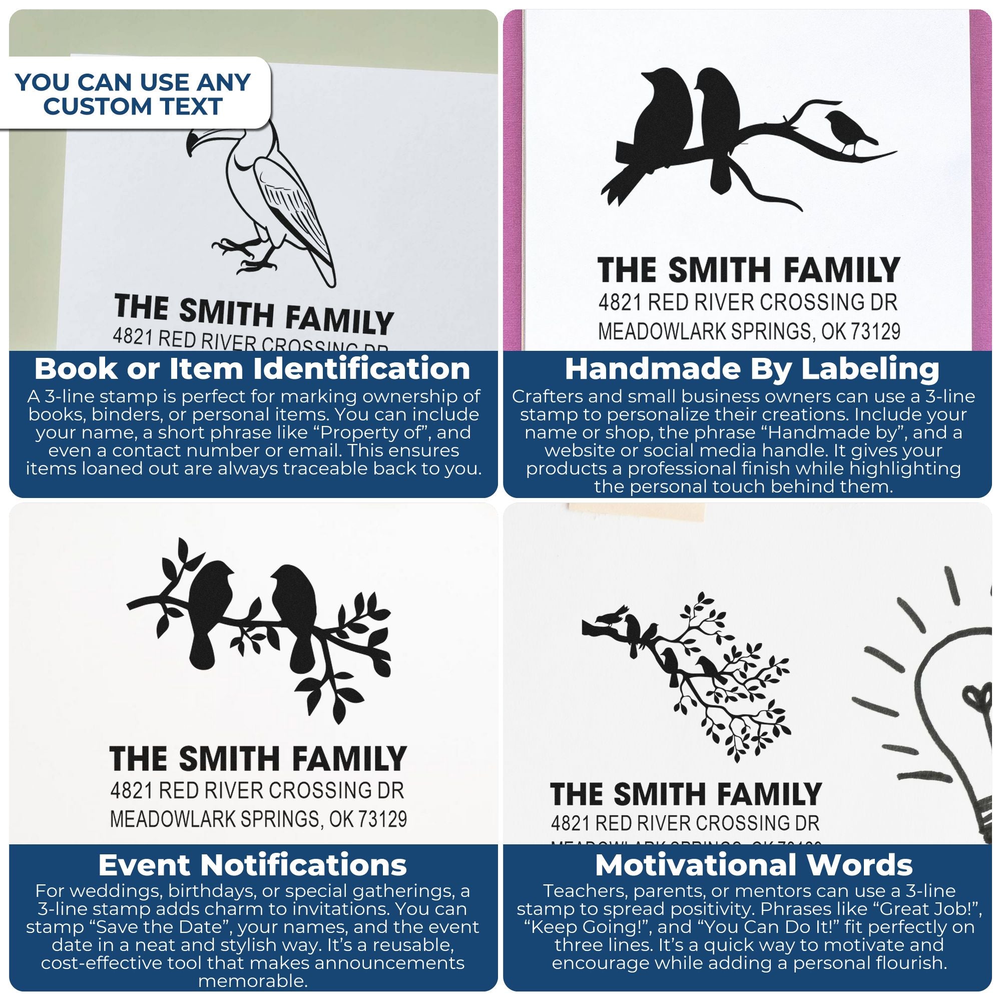 Custom 3-line rubber stamp with toucan design for books, labels, and personalized address marking, featuring custom text and family name.