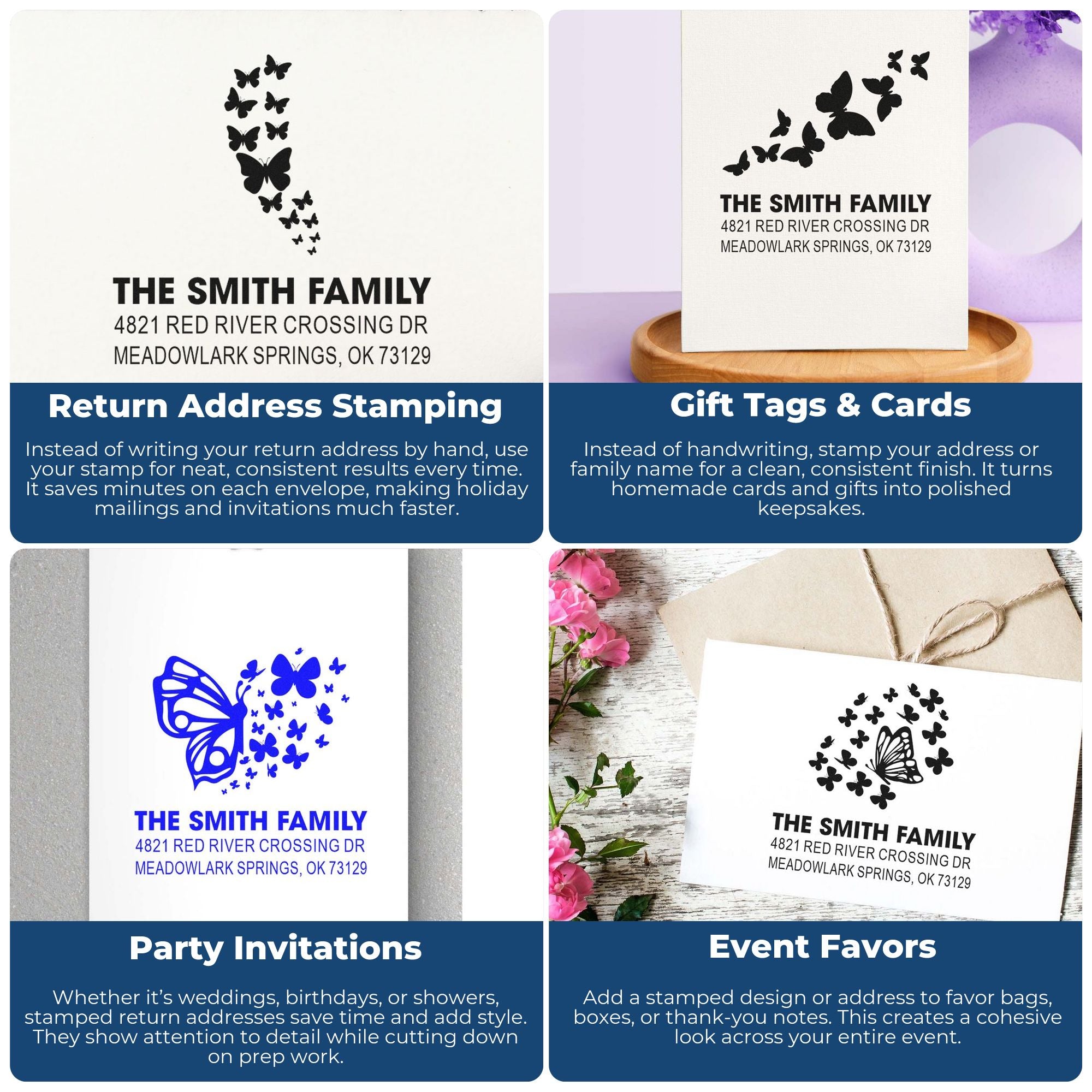 Custom butterfly return address rubber stamp for envelopes, holiday mailings, and invitations with family name and address for a clean, consistent imprint.