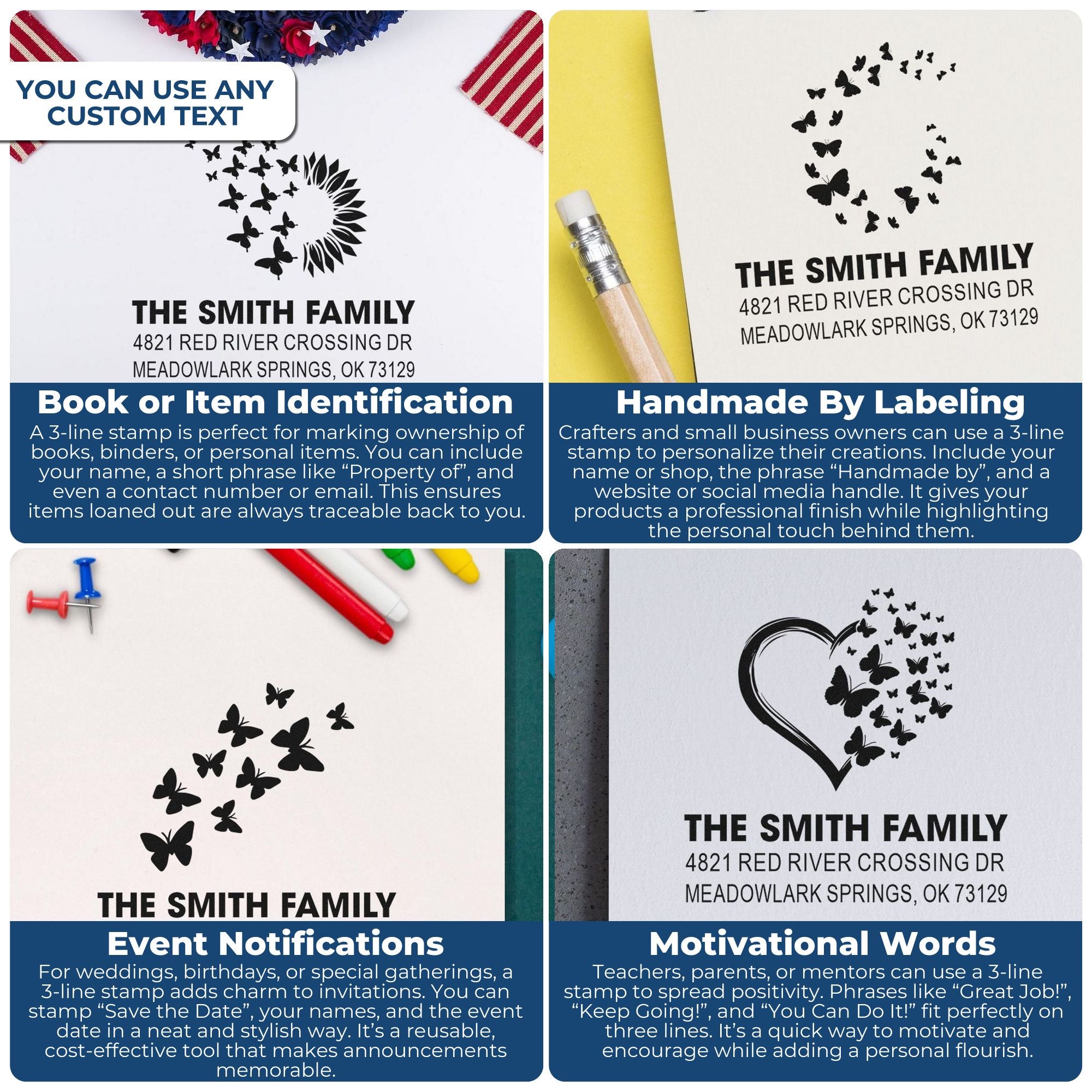 Custom rubber stamp examples with butterfly designs for personalized address stamps, book identification, handmade labeling, events, and motivation.
