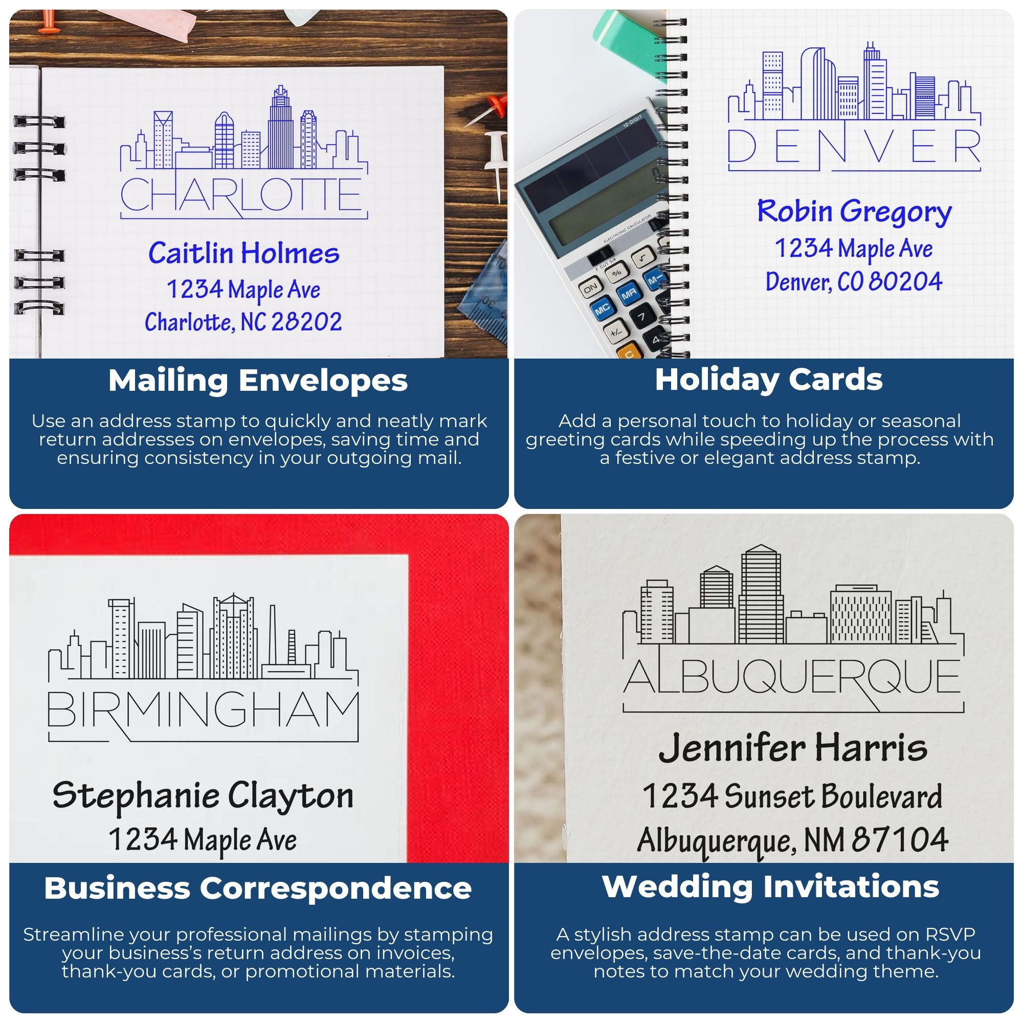 Custom return address rubber stamp examples for mailing envelopes, holiday cards, business correspondence, and wedding invitations.