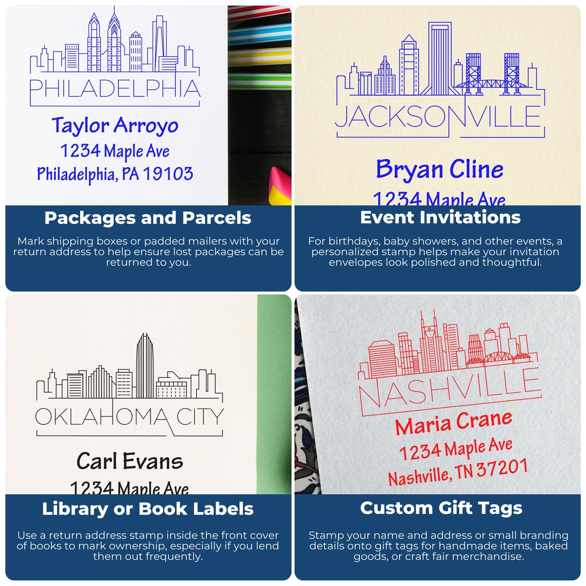 Custom city skyline rubber stamps for return addresses, package labels, invitations, book labels, and gift tags.
