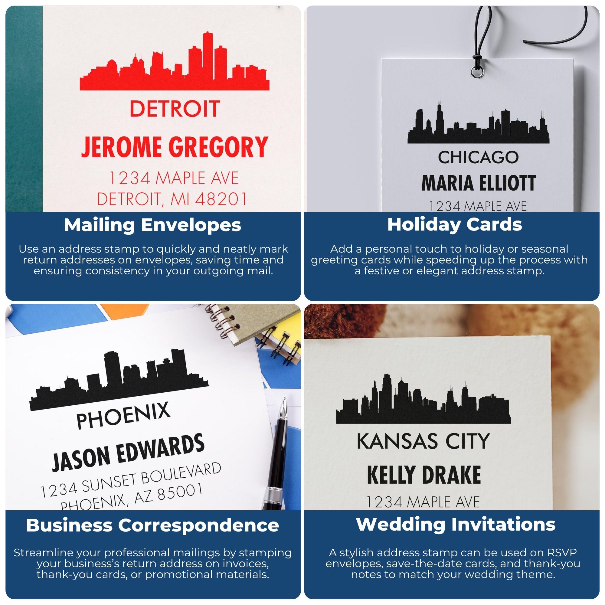 Custom rubber address stamp examples for mailing envelopes, holiday cards, business correspondence, and wedding invitations with skyline designs.