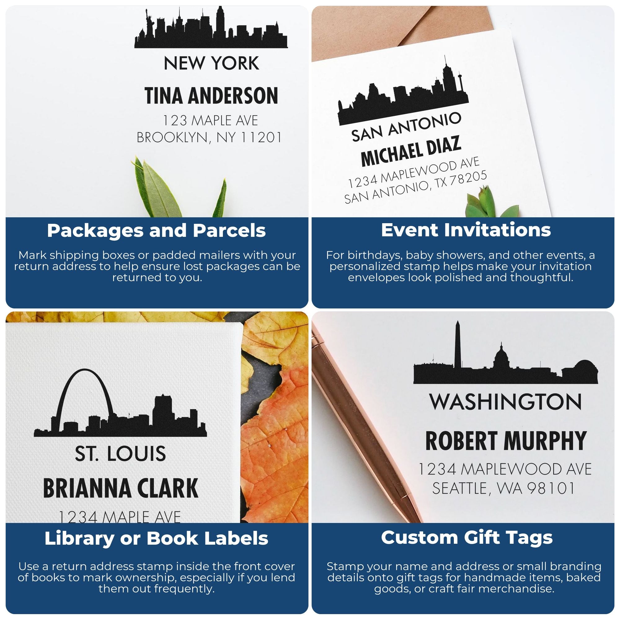 Custom return address rubber stamps for packages, invitations, book labels and gift tags featuring city skyline designs and names.