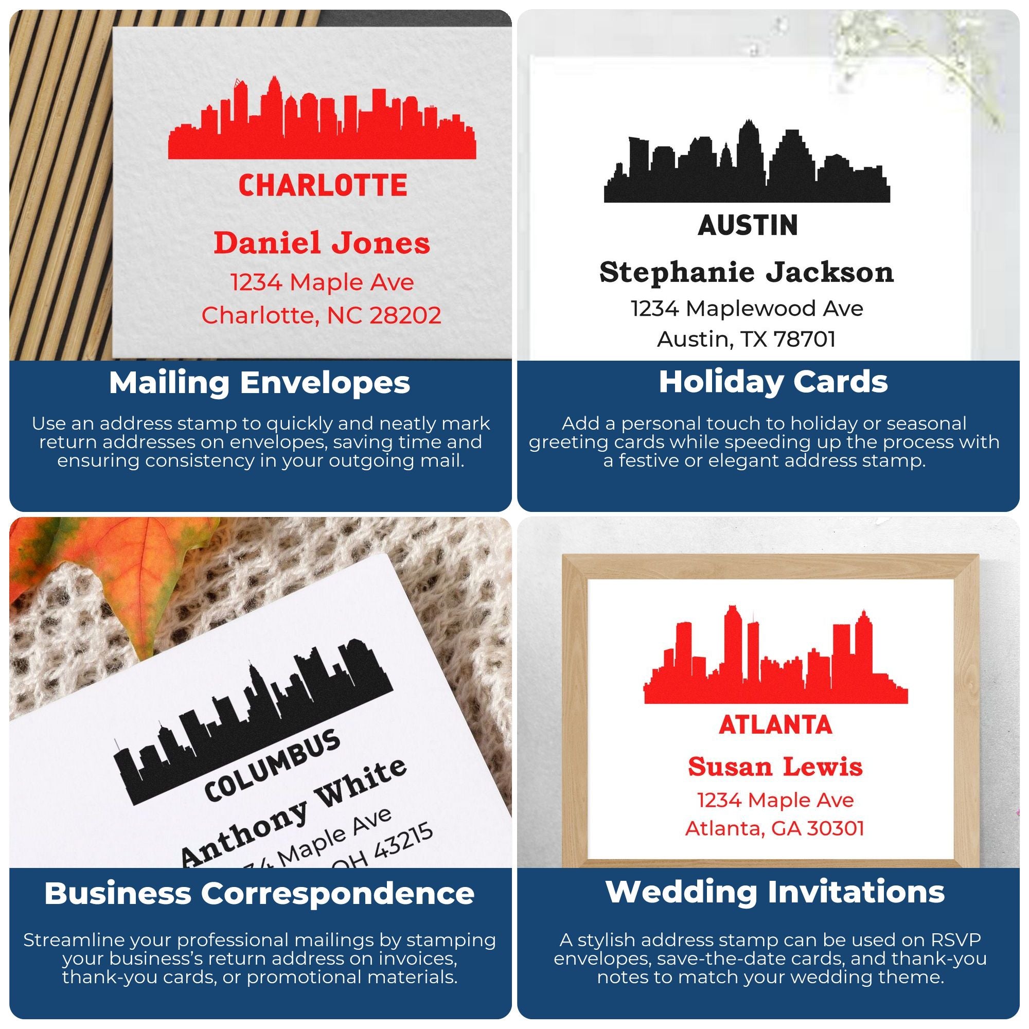 Custom skyline address rubber stamps for mailing envelopes, holiday cards, business correspondence, and wedding invitations.