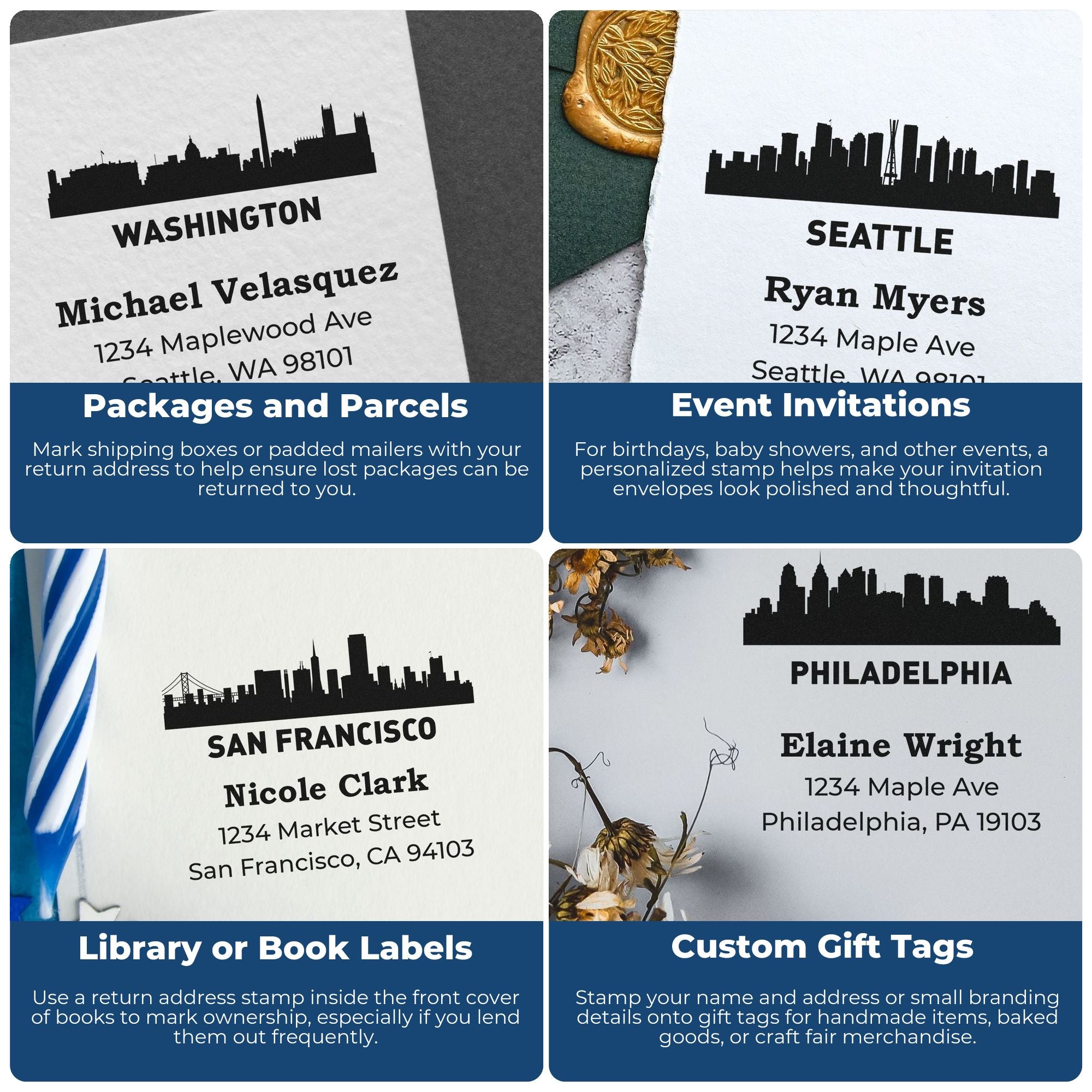 Custom return address rubber stamp examples for packages, invitations, book labels, and personalized gift tags.