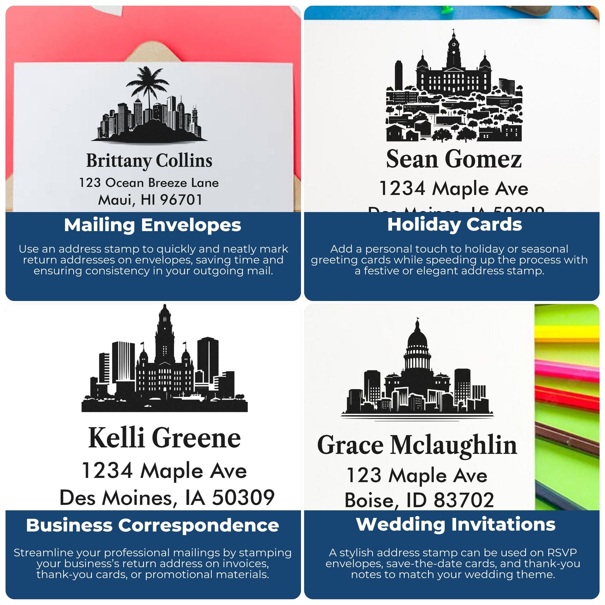 Custom address rubber stamp examples for mailing envelopes, holiday cards, business correspondence, and wedding invitations.