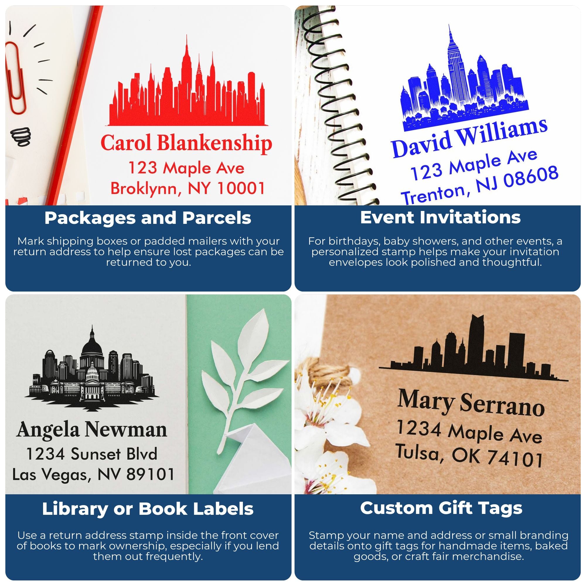 Custom rubber address stamps for packages, invitations, book labels, and gift tags for personalized mailing and branding.