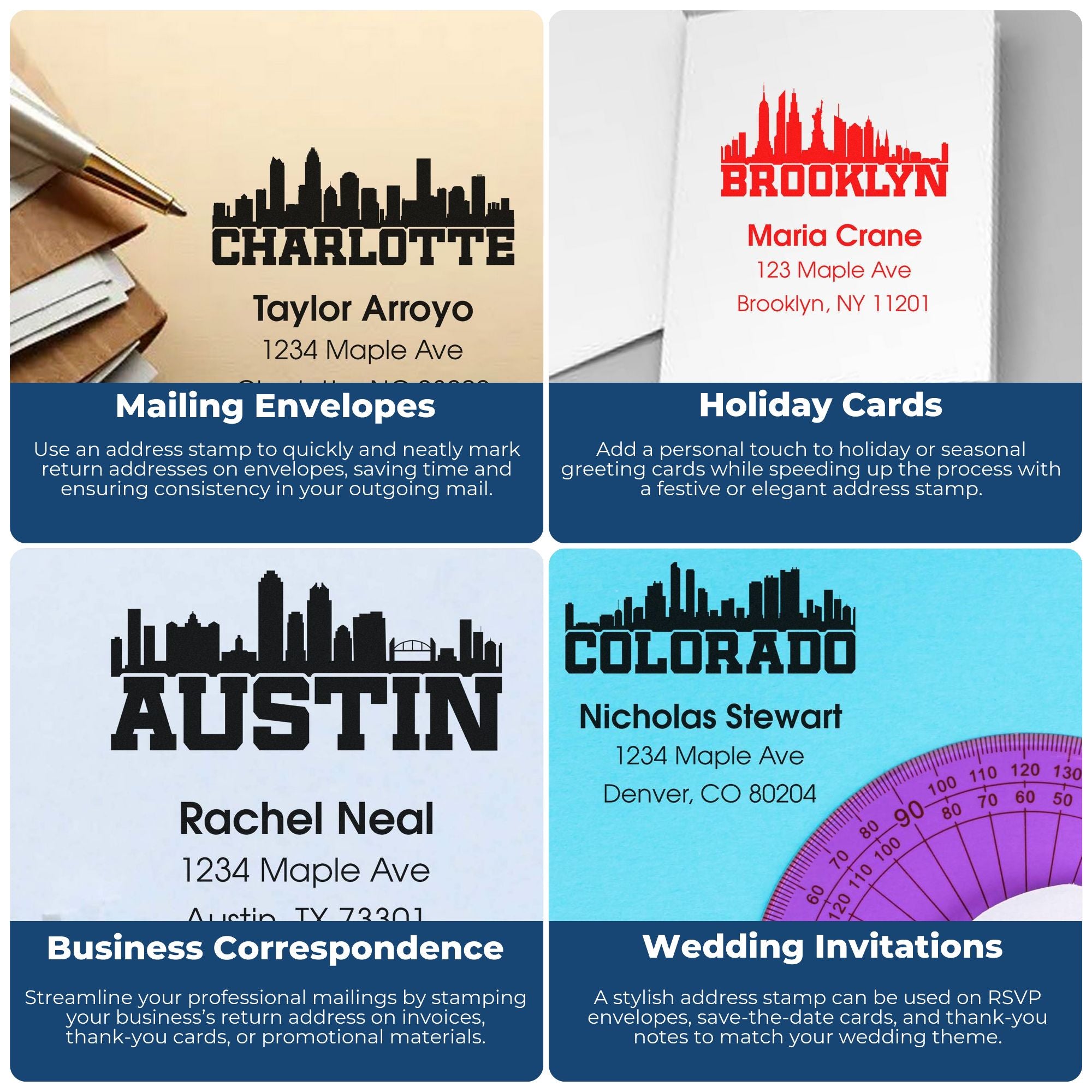 Custom address rubber stamp examples for envelopes, holiday cards, business mail, and wedding invitations.