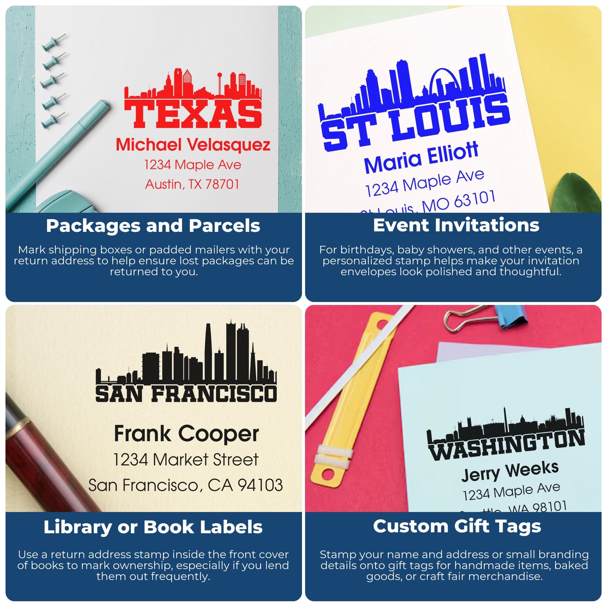Infographic showing custom rubber stamps for packages, invitations, book labels, and gift tags with personalized return address designs.