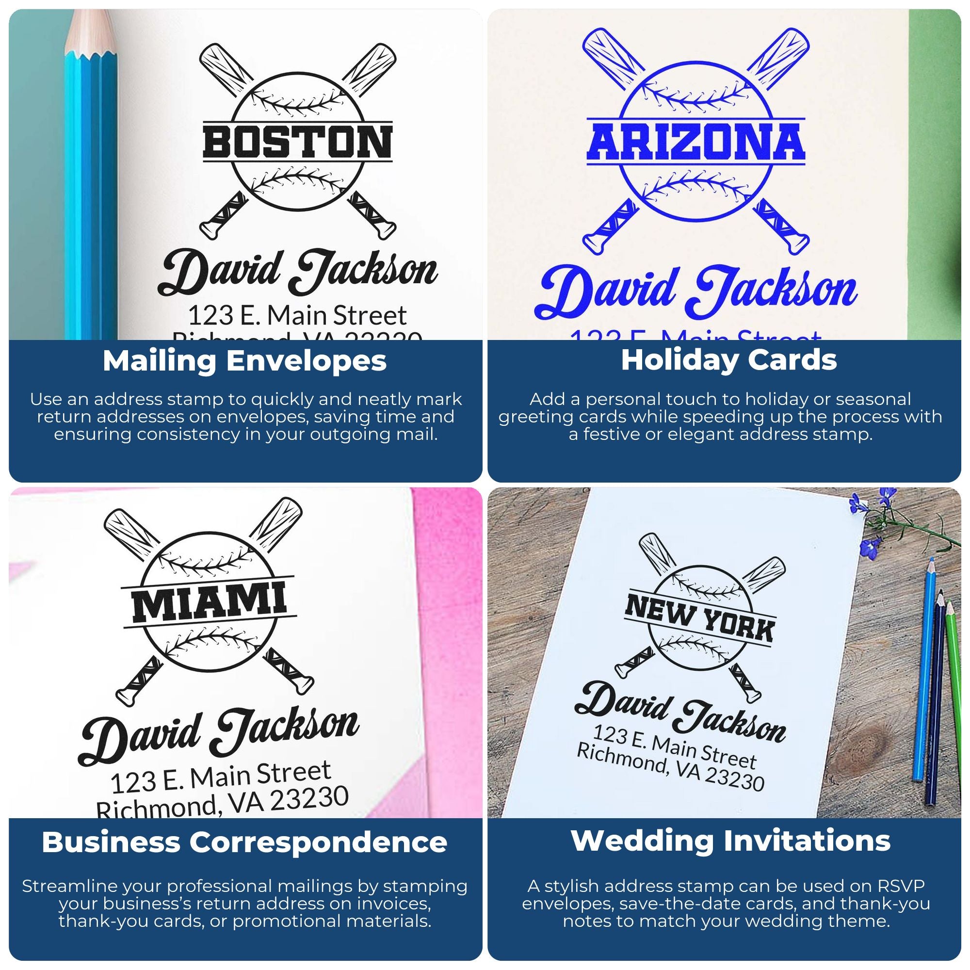 Custom baseball address rubber stamps for personalized mailing envelopes, holiday cards, business mail, and wedding invitations.