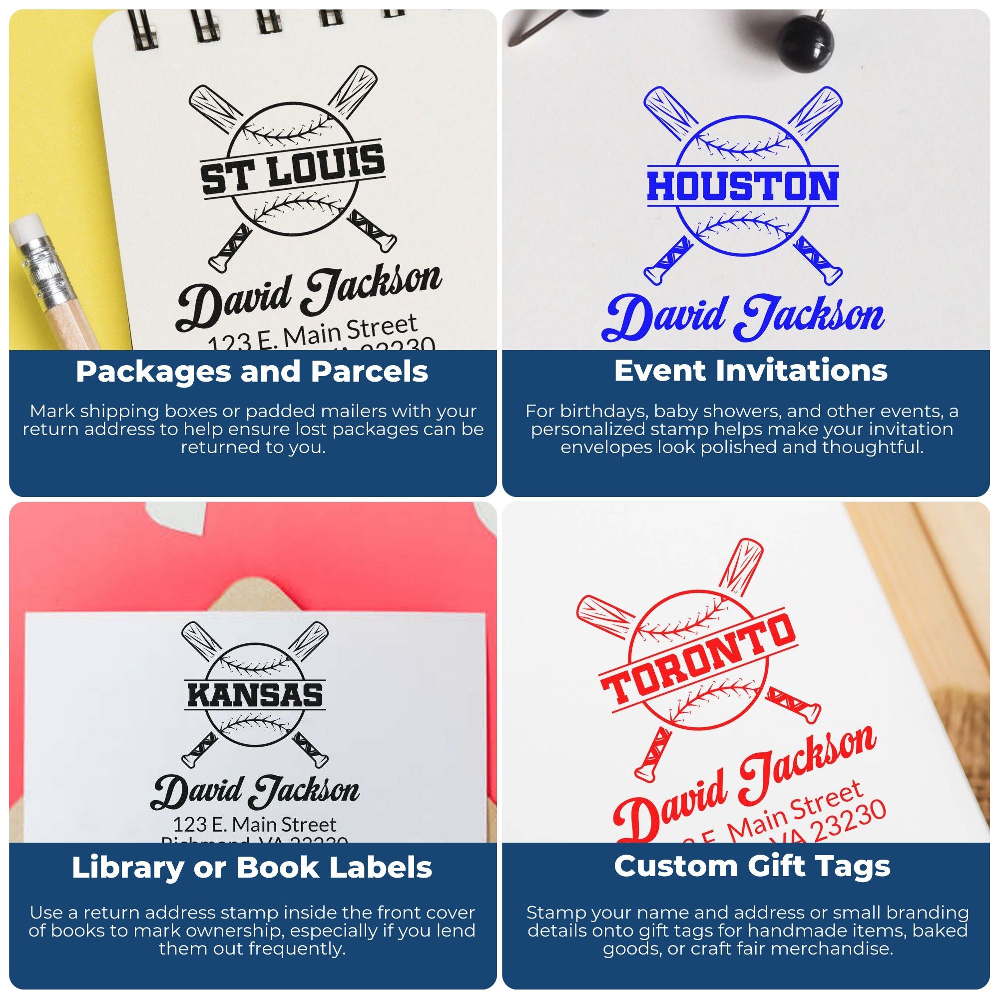 Custom baseball-themed rubber stamps for return addresses, invitations, book labels, and gift tags with personalized name and city designs.