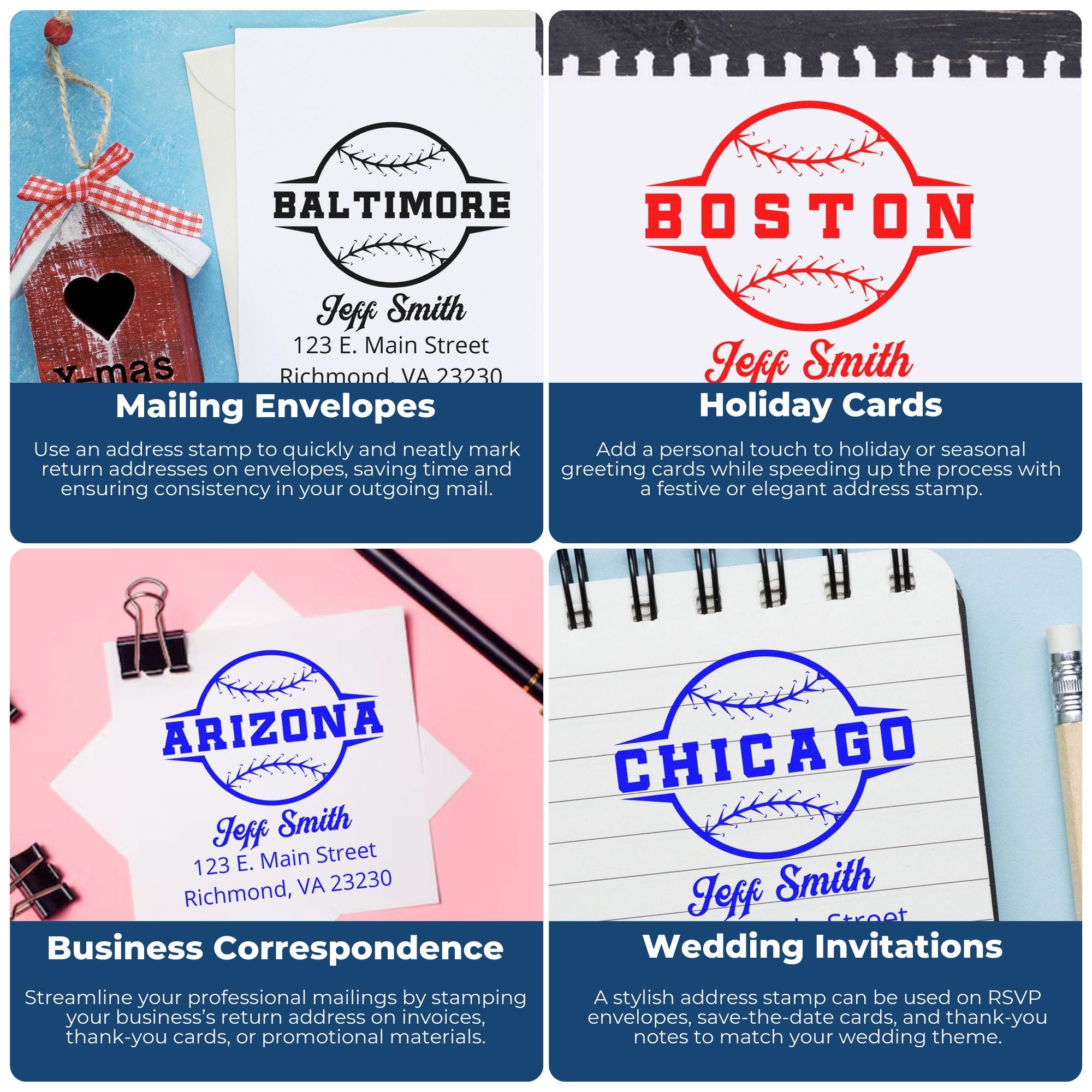 Custom address rubber stamps for envelopes, holiday cards, business mail, and wedding invitations with personalized city and name designs.