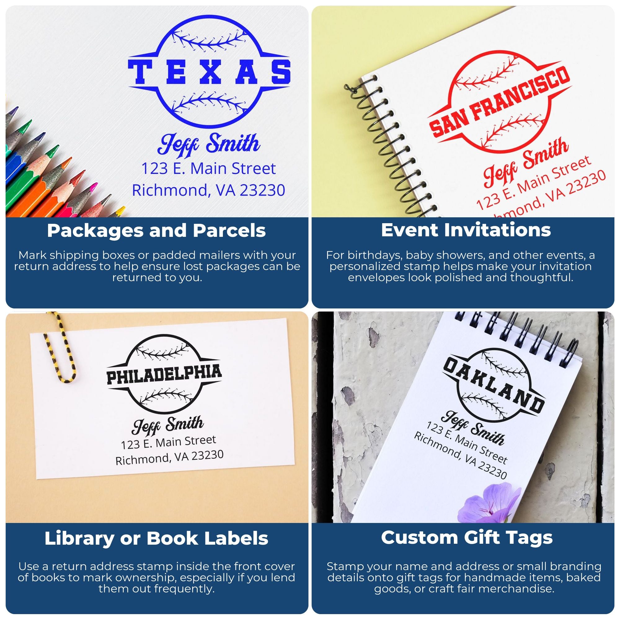 Custom rubber stamps used on packages, invitations, book labels, and gift tags for return addresses and branding.