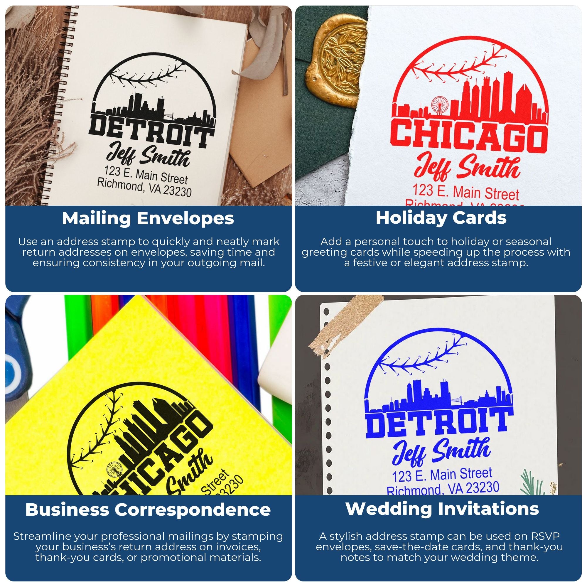 Custom address rubber stamp examples for envelopes, holiday cards, business mail, and wedding invitations.