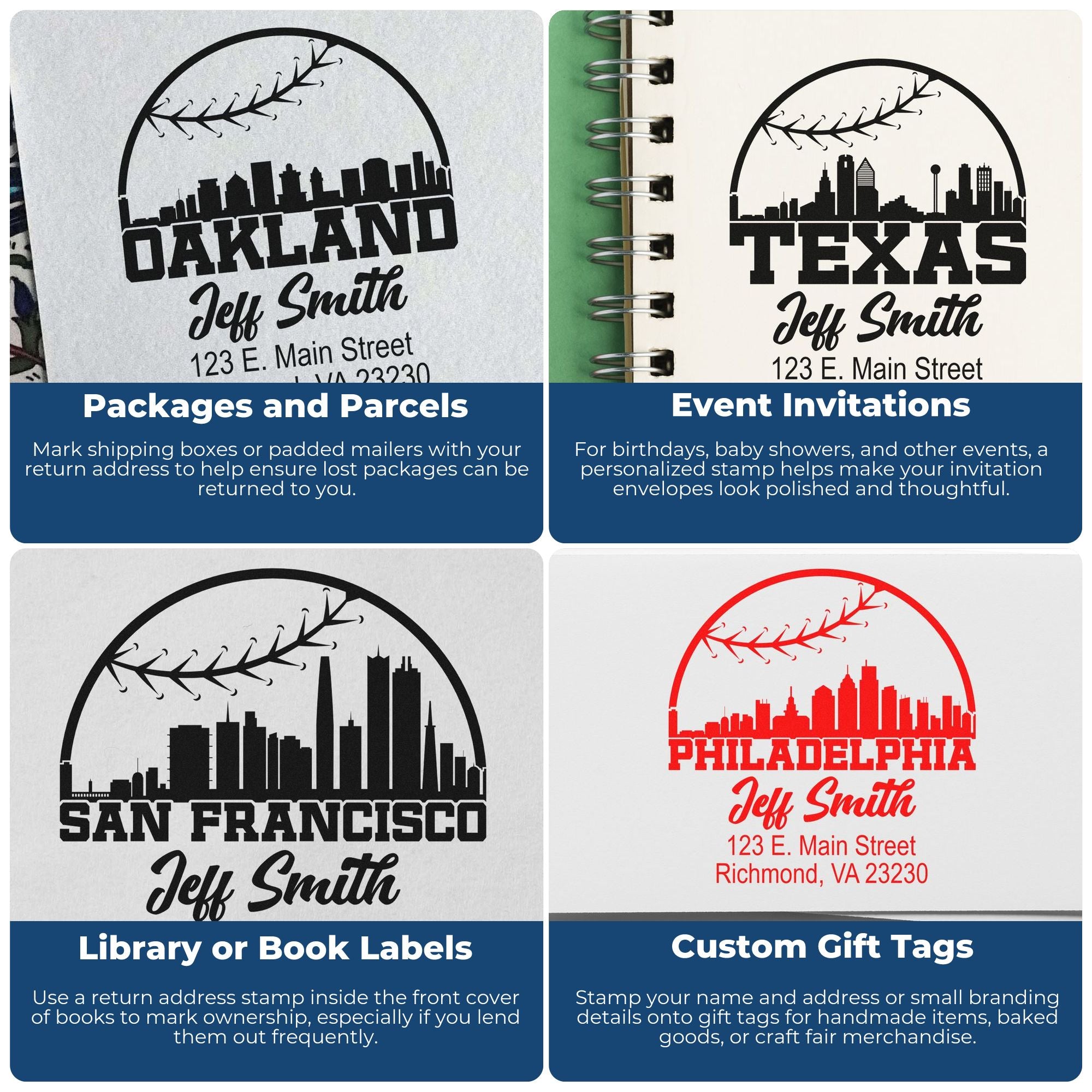 Personalized return address rubber stamp for packages and mailers with Oakland skyline design.