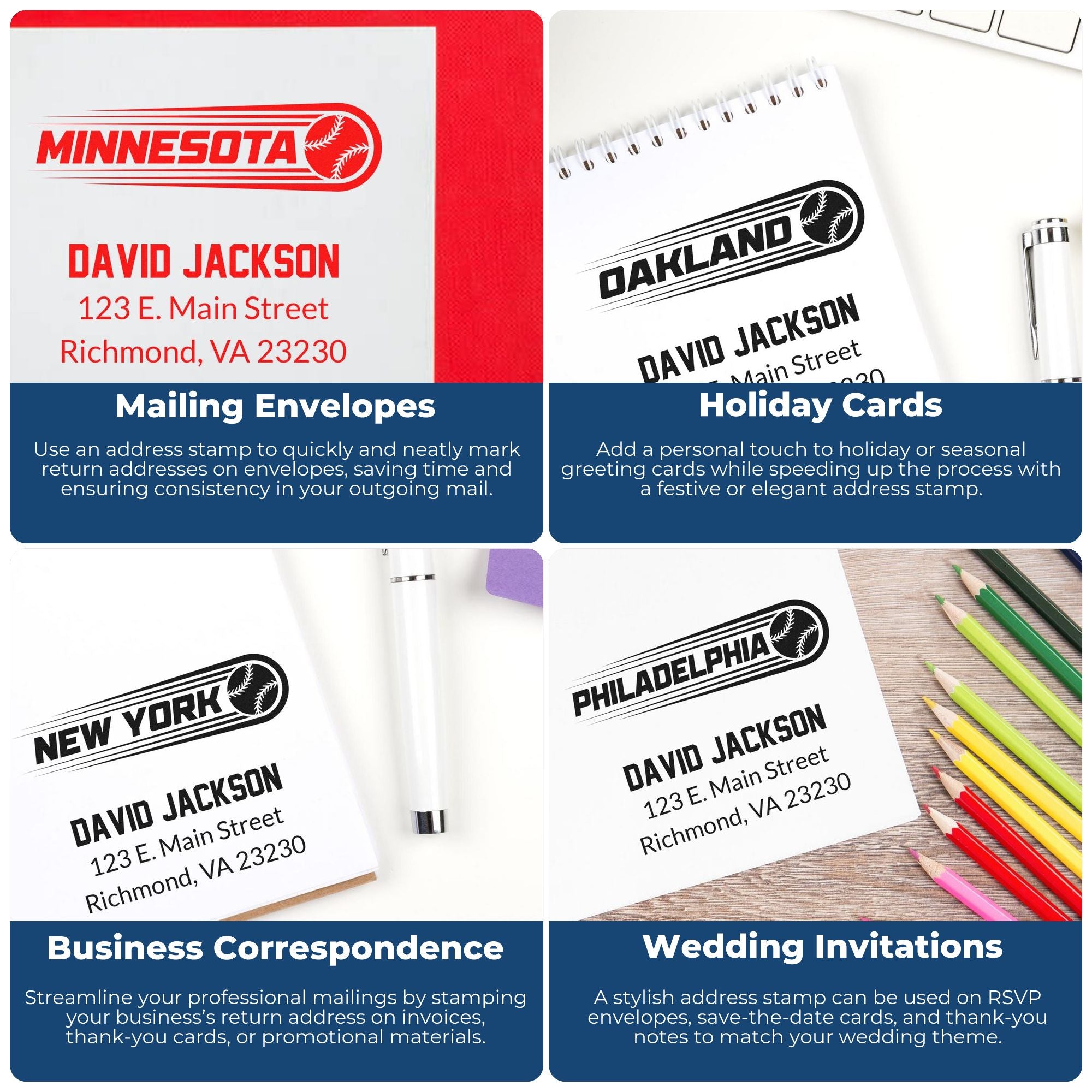Collage of custom rubber address stamps for mailing envelopes, holiday cards, business correspondence, and wedding invitations.