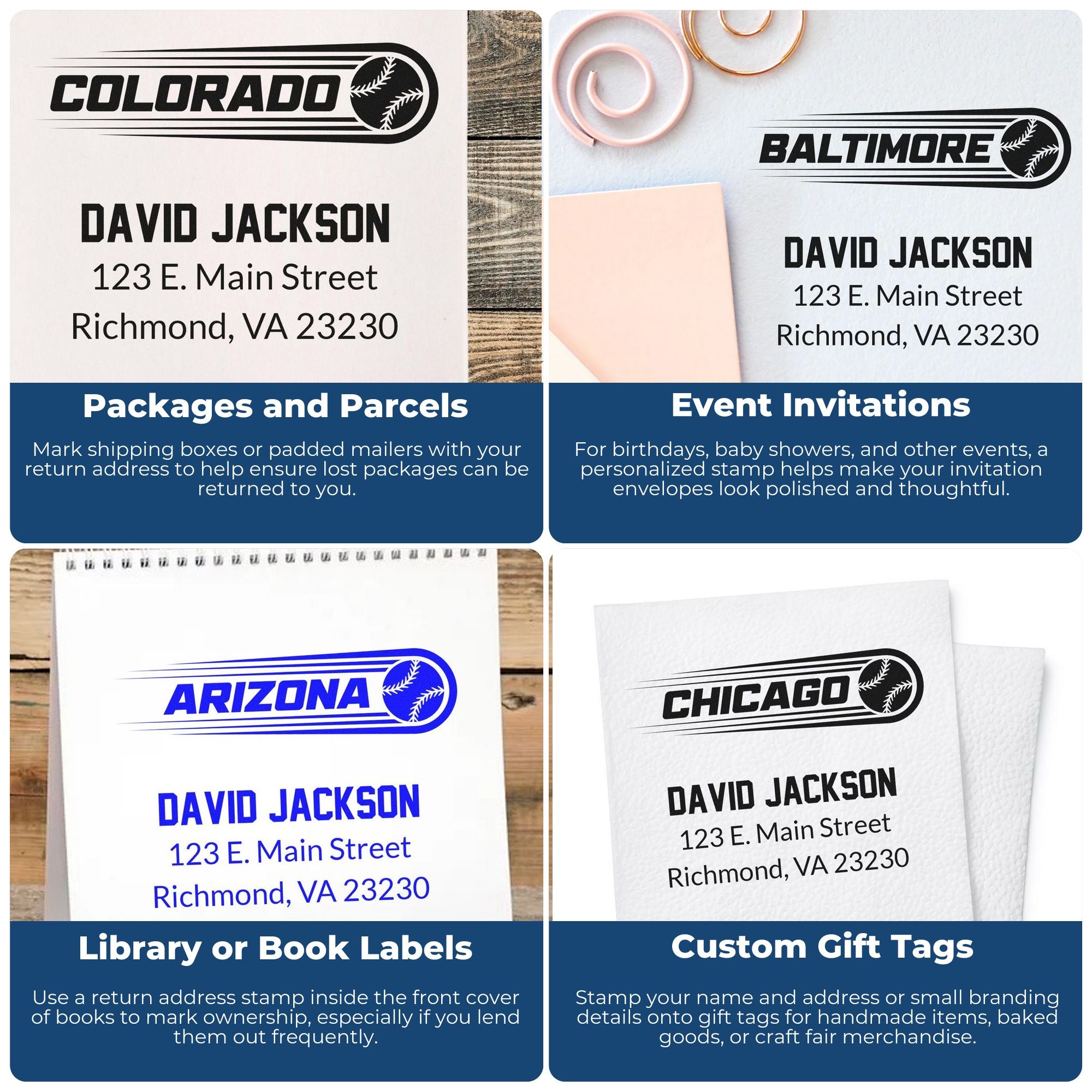 Personalized baseball return address rubber stamps for packages, invitations, book labels, and custom gift tags.