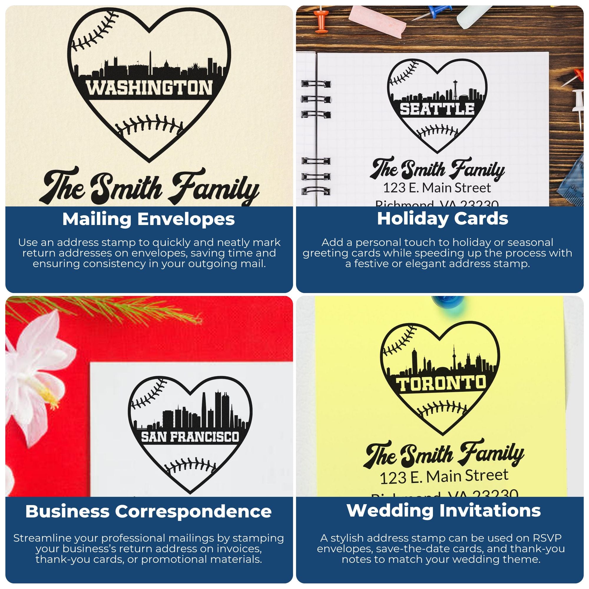 Custom rubber address stamps for mailing envelopes, holiday cards, business correspondence, and wedding invitations.