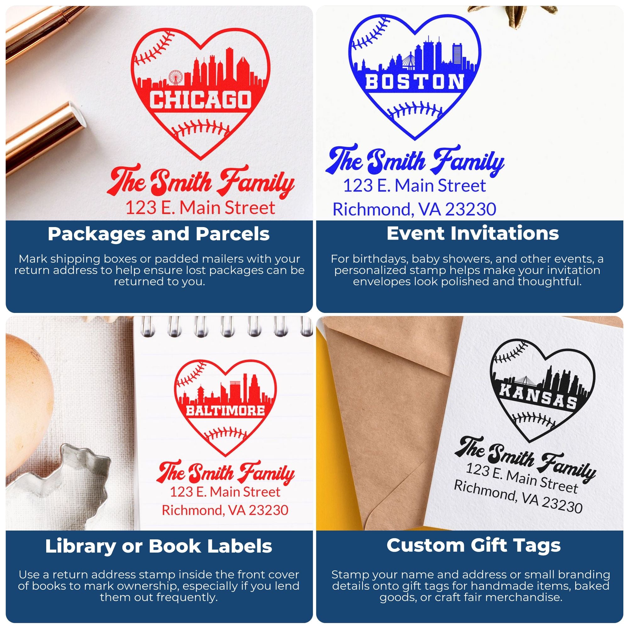 Custom rubber stamp examples for return addresses, invitations, book labels, and gift tags with personalized city baseball designs.
