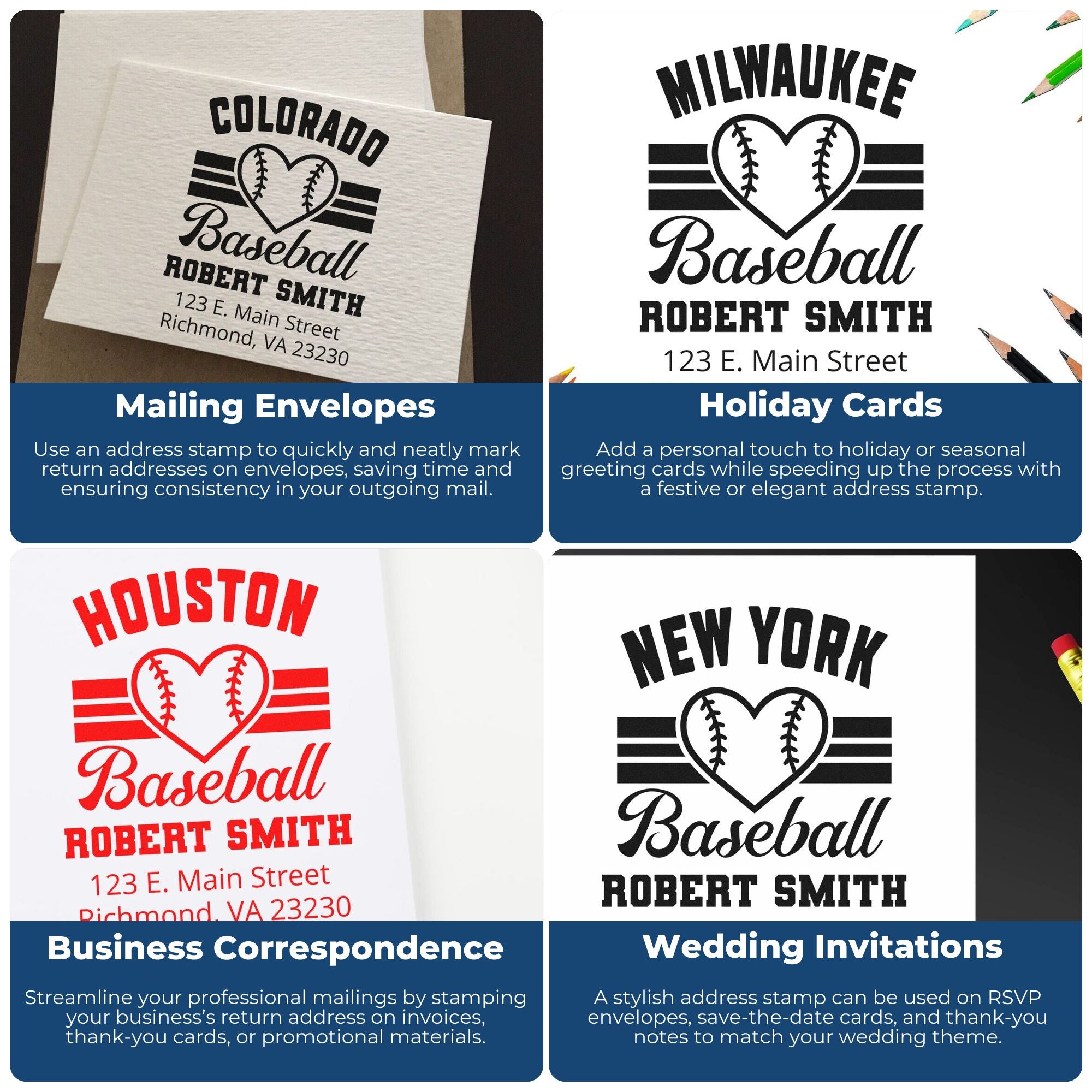 Collage of personalized baseball address rubber stamps for envelopes, holiday cards, business mail, and wedding invitations.