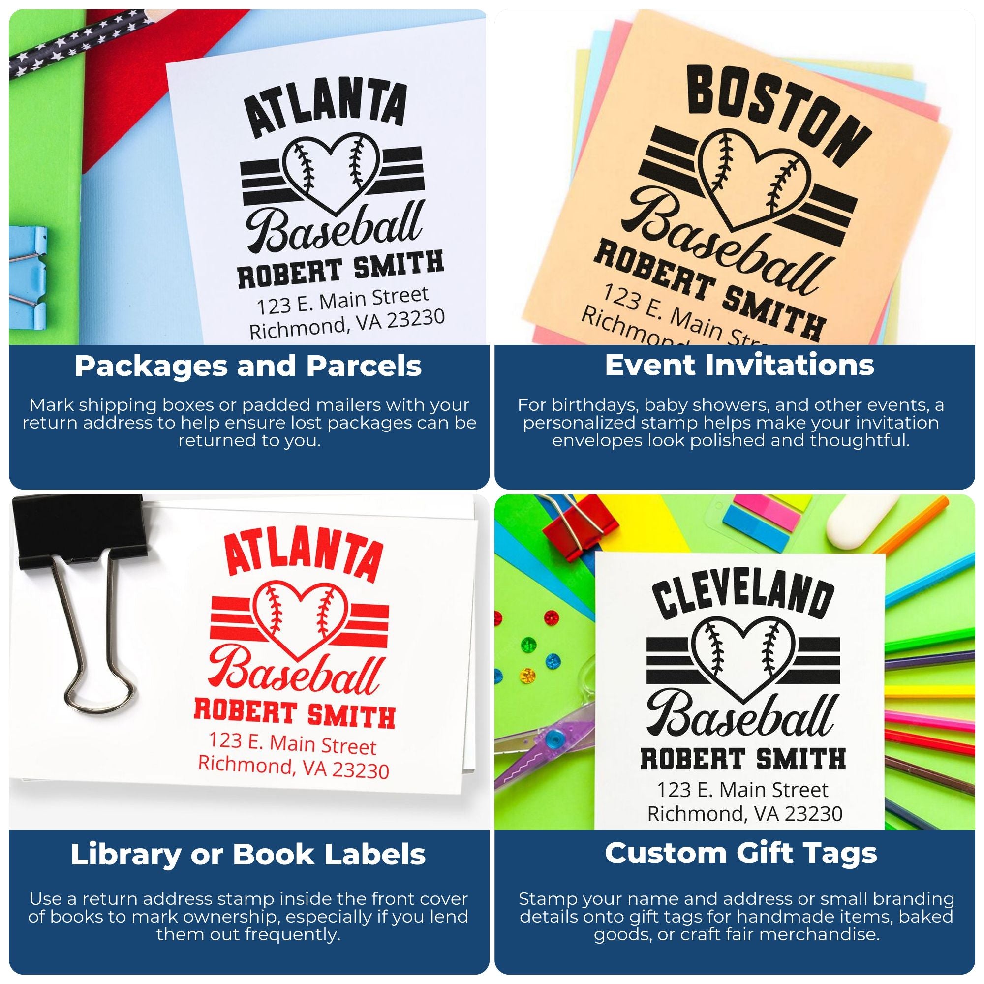 Custom baseball rubber stamps for return addresses, invitations, book labels and gift tags with personalized name and address.