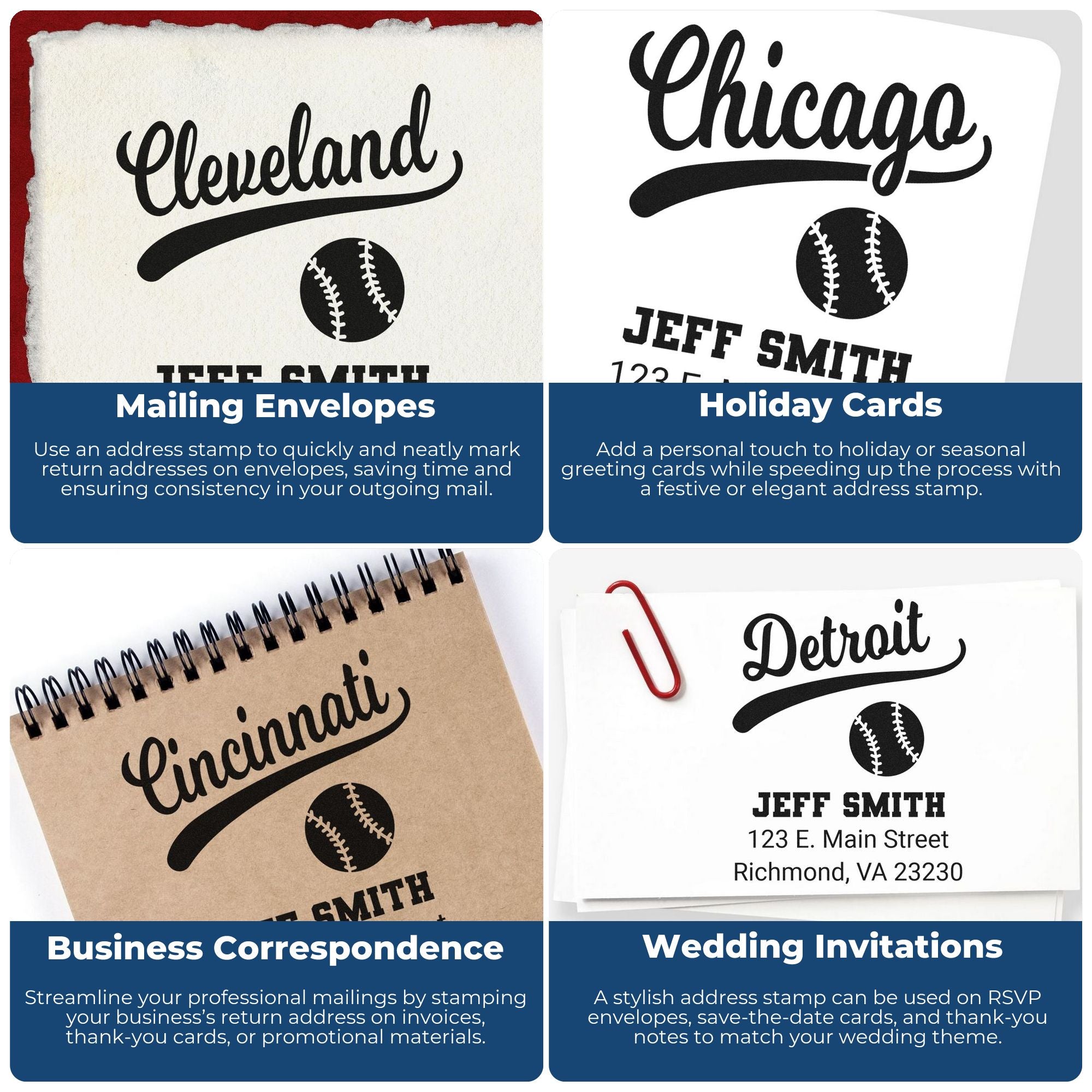 Personalized rubber address stamp examples for envelopes, holiday cards, business mail, and wedding invitations.