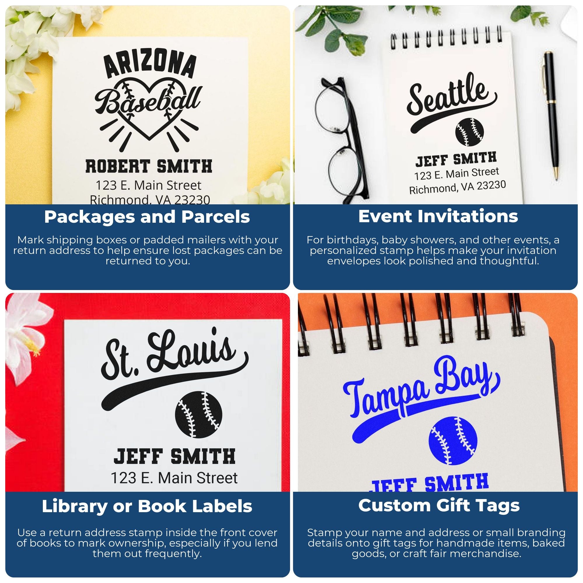 Custom rubber stamp examples for return address labels, event invitations, book labels, and gift tags with baseball-themed designs.