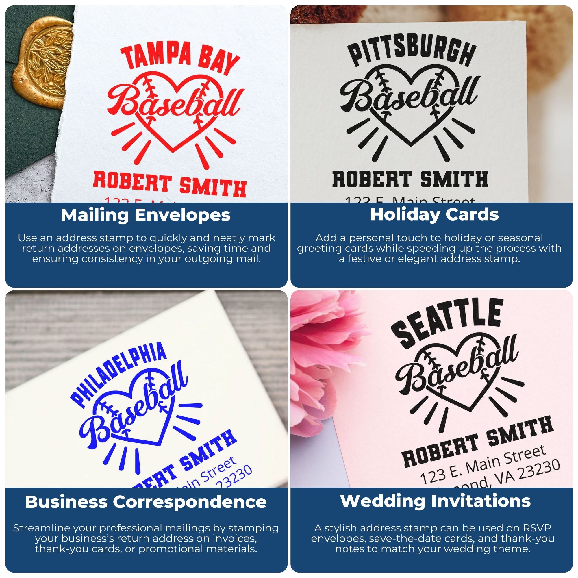 Custom address rubber stamps for mailing envelopes, holiday cards, business mail, and wedding invitations.