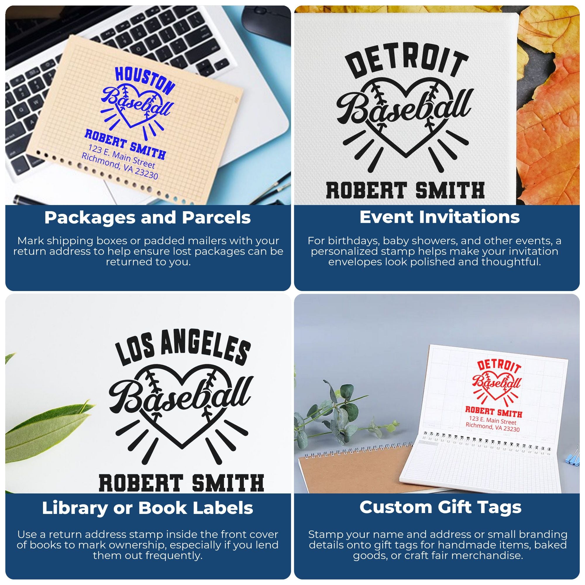 Custom rubber stamp examples for packages, invitations, book labels, and gift tags with personalized baseball return address designs.