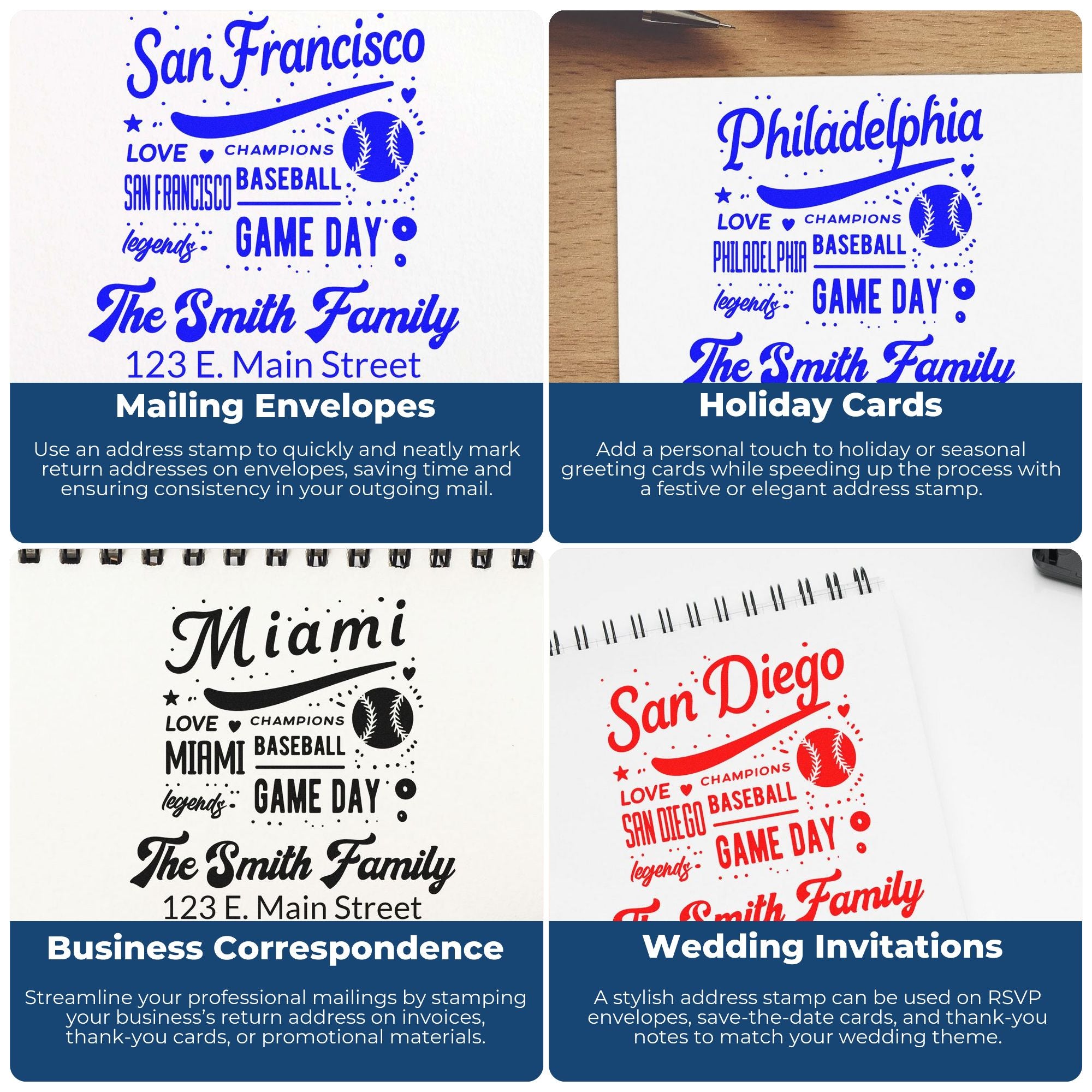 Personalized baseball-themed rubber address stamp examples for return mail, holiday cards, business correspondence, and wedding invitations.