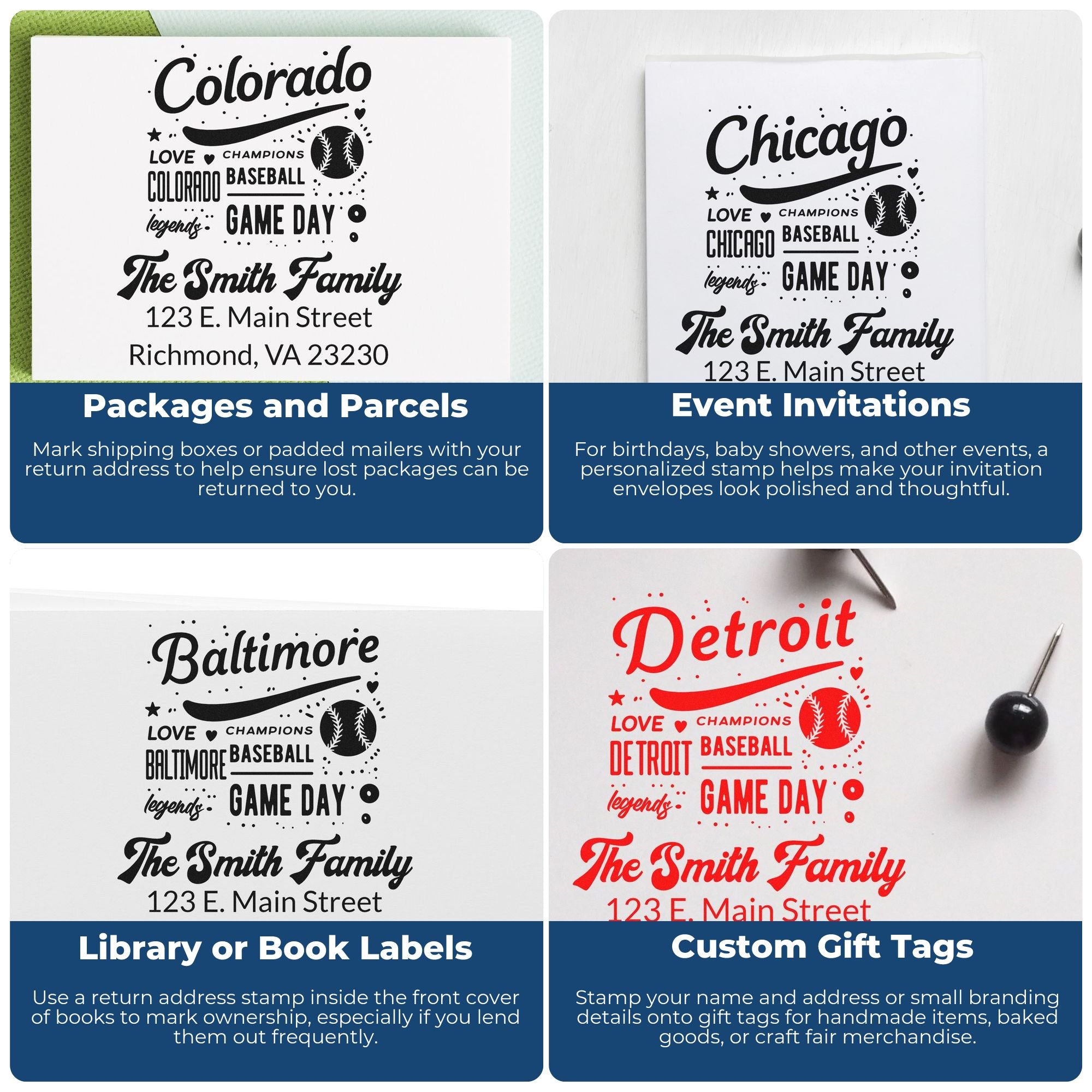 Custom rubber stamp examples for packages, invitations, book labels, and gift tags with personalized name and address.